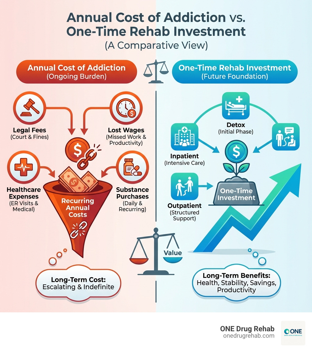 infographic showing the comparison between annual costs of addiction versus one-time rehab investment, including breakdown of hidden addiction costs like legal fees, lost wages, healthcare expenses, and substance purchases versus structured treatment costs for detox, inpatient, and outpatient programs with long-term recovery benefits - Affordable rehab options infographic 
