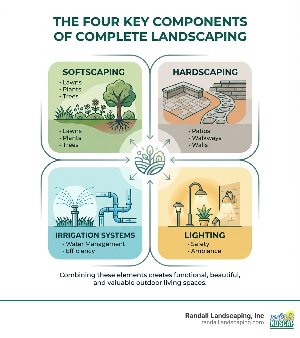 infographic showing the four key components of complete landscaping: softscaping including lawns plants and trees, hardscaping including patios walkways and walls, irrigation systems for water management, and lighting for safety and ambiance - pelham landscaping infographic 