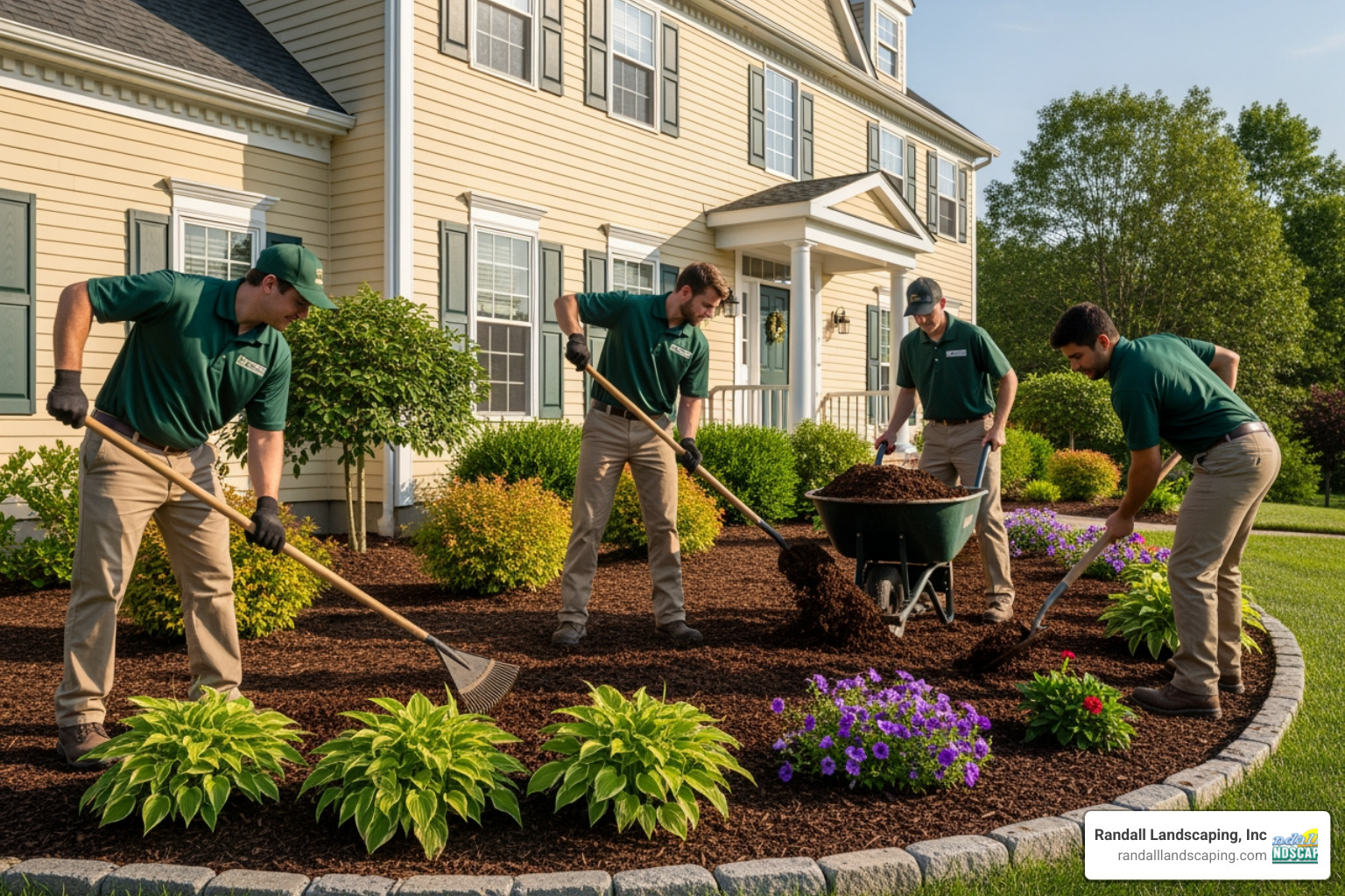 A Randall Landscaping crew neatly mulching a garden bed around a home - pelham landscaping