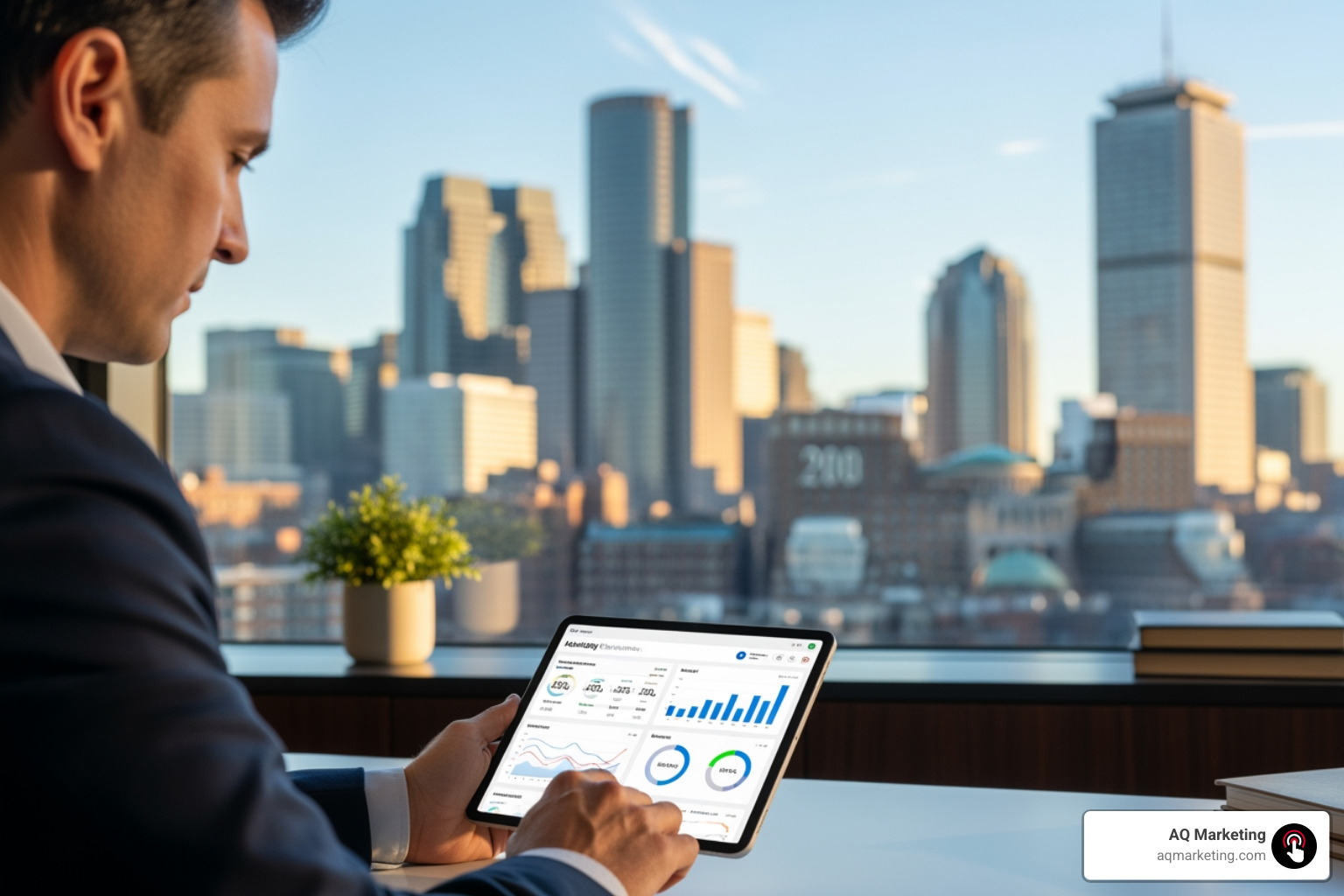 Founder reviewing marketing performance dashboard on a tablet with Boston skyline in the background - digital marketing companies for startups Founder reviewing marketing performance dashboard on a tablet with Boston skyline in the background - digital marketing companies for startups