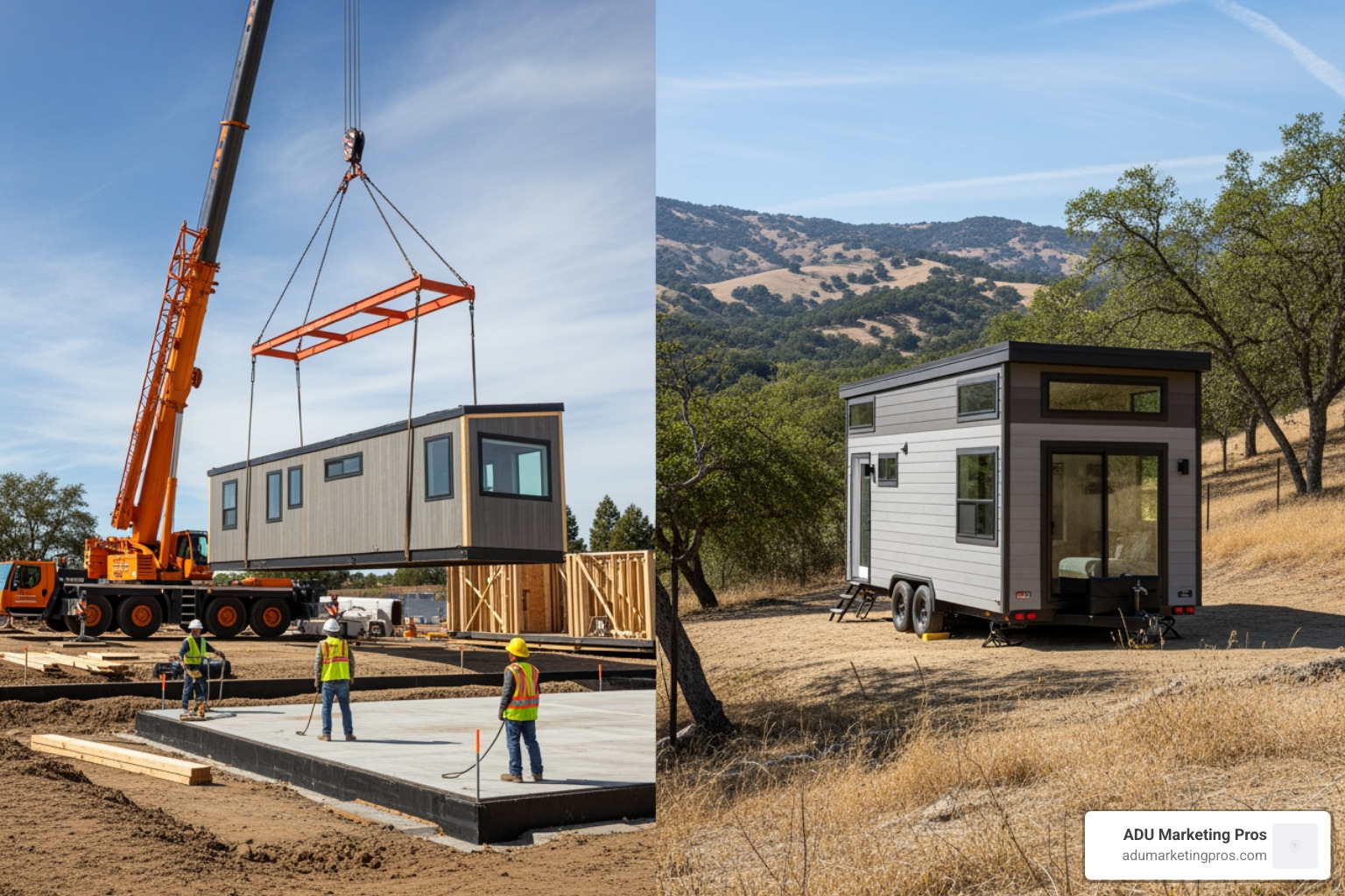 split-screen photo, one side showing a modular home section being craned into place, the other side showing a stylish tiny house on wheels parked in a scenic location - small green houses to live in southern california all builders