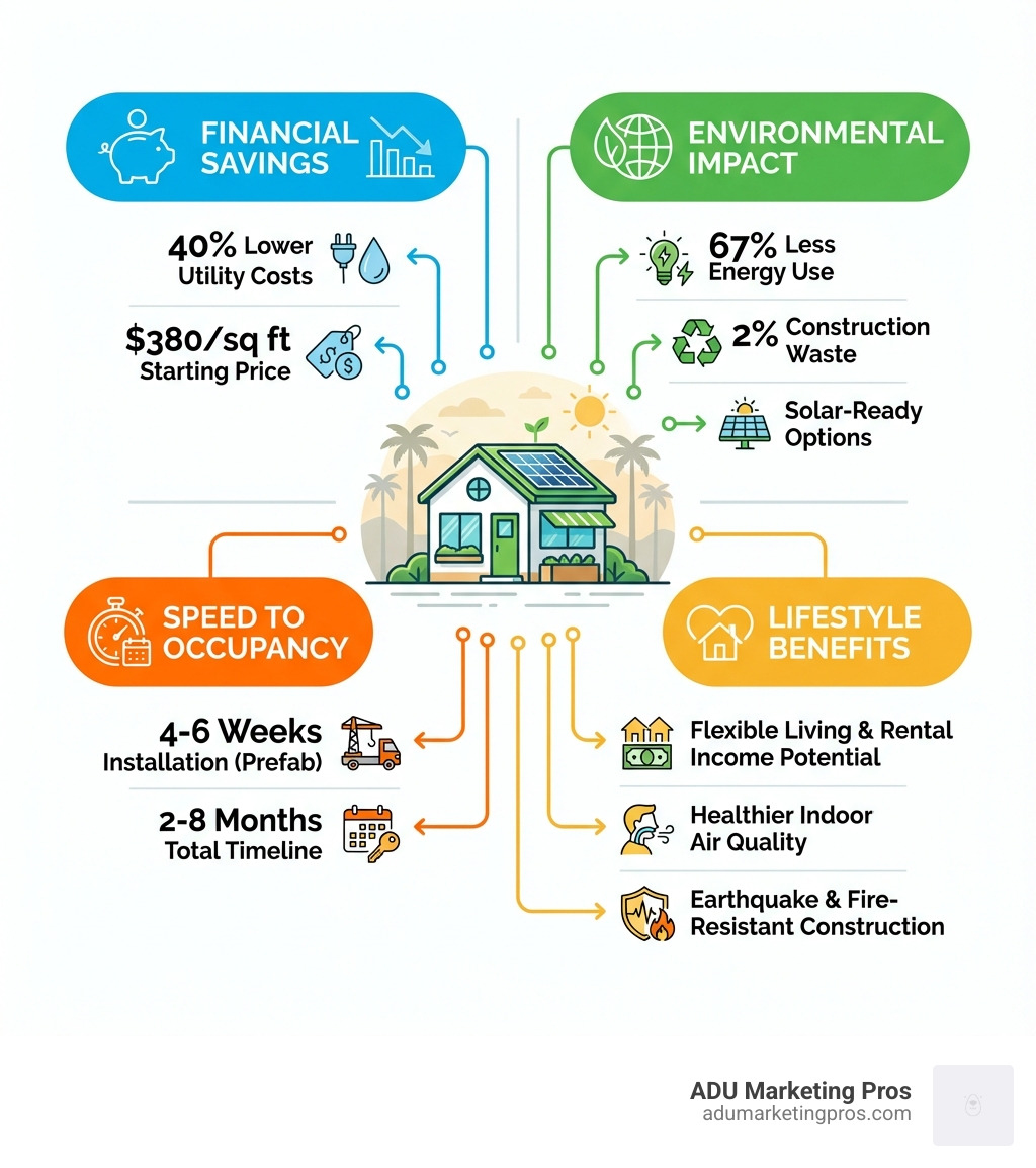 Infographic showing the core benefits of small green homes in Southern California: Financial Savings (40% lower utility costs, $380/sq ft starting price), Environmental Impact (67% less energy use, 2% construction waste, solar-ready options), Speed to Occupancy (4-6 weeks installation for prefab, 2-8 months total timeline), and Lifestyle Benefits (flexible living, rental income potential, healthier indoor air quality, earthquake and fire-resistant construction) - small green houses to live in southern california all builders infographic 