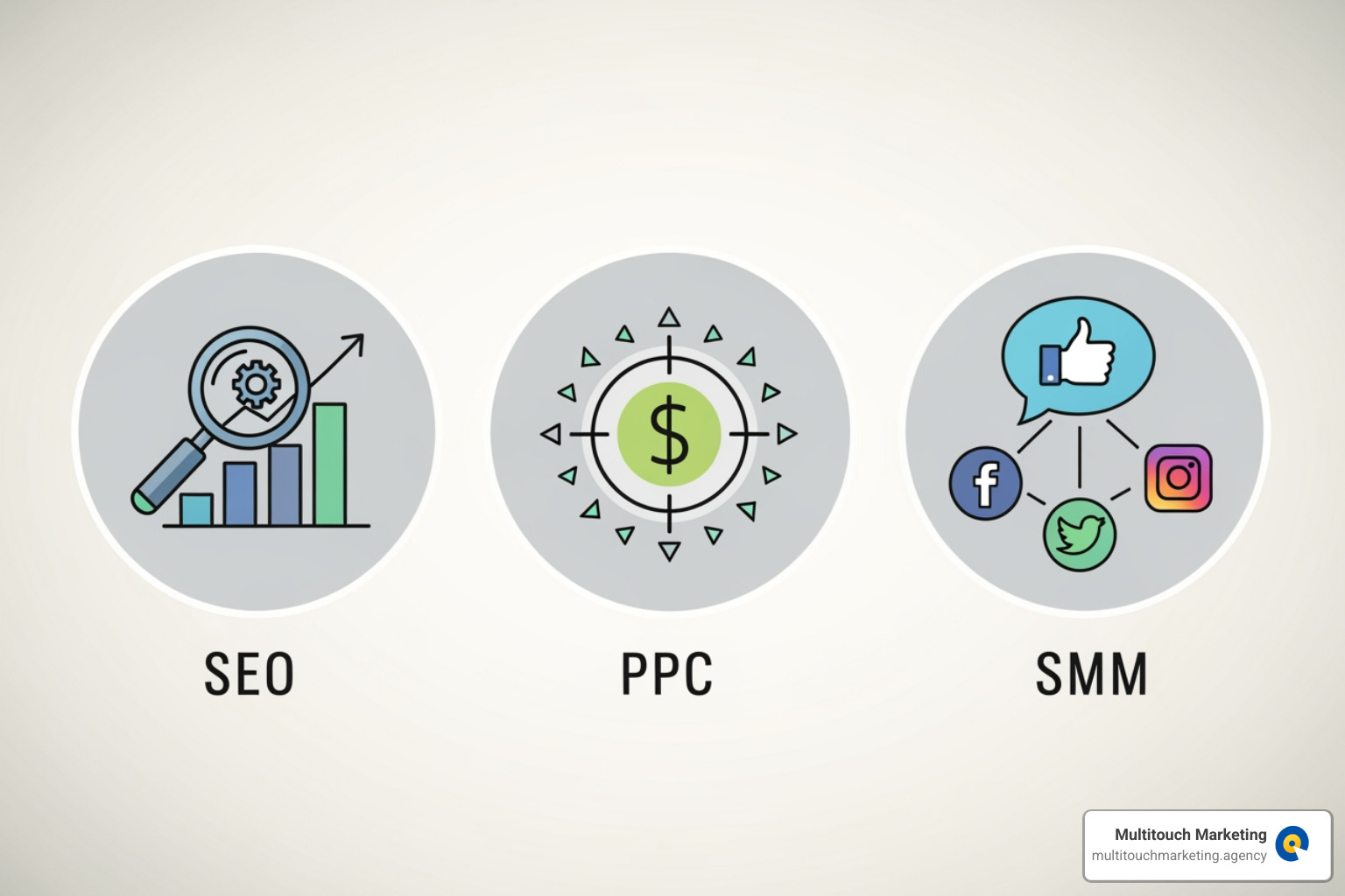 icons representing different marketing services (SEO, PPC, Social Media) - Raleigh internet marketing icons representing different marketing services (SEO, PPC, Social Media) - Raleigh internet marketing