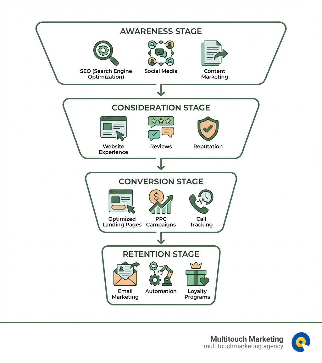 Infographic showing the digital marketing funnel: Awareness stage (SEO, social media, content marketing) leads to Consideration stage (website experience, reviews, reputation) which flows to Conversion stage (optimized landing pages, PPC campaigns, call tracking) and finally Retention stage (email marketing, automation, loyalty programs) - Raleigh internet marketing infographic Infographic showing the digital marketing funnel: Awareness stage (SEO, social media, content marketing) leads to Consideration stage (website experience, reviews, reputation) which flows to Conversion stage (optimized landing pages, PPC campaigns, call tracking) and finally Retention stage (email marketing, automation, loyalty programs) - Raleigh internet marketing infographic