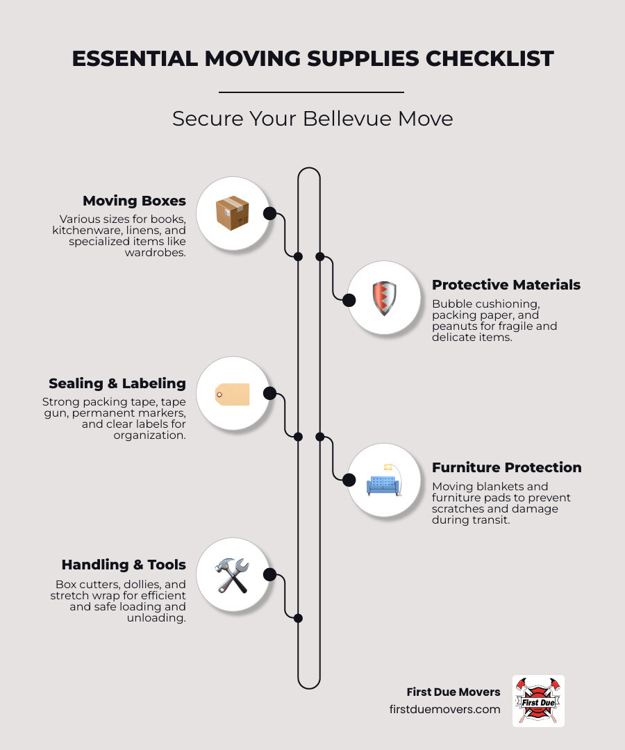 infographic showing essential moving supplies checklist including various box types, packing tape, bubble cushioning, markers, moving blankets, and protective materials organized by category - best moving supplies in bellevue, wa infographic infographic-line-5-steps-elegant_beige infographic showing essential moving supplies checklist including various box types, packing tape, bubble cushioning, markers, moving blankets, and protective materials organized by category - best moving supplies in bellevue, wa infographic infographic-line-5-steps-elegant_beige