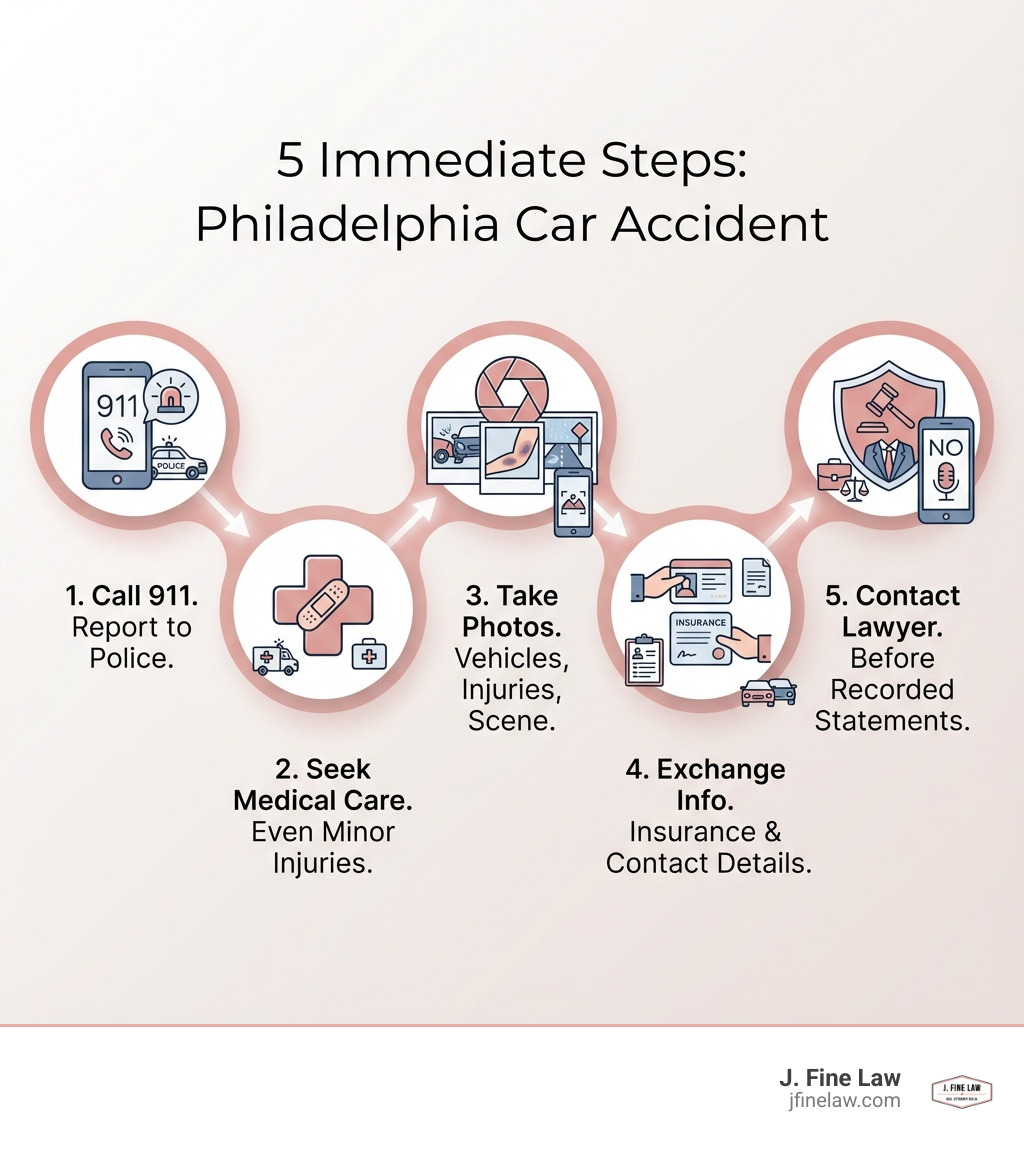 Infographic showing 5 immediate steps after a Philadelphia car accident: 1) Call 911 and report the crash to police, 2) Seek medical attention even for minor injuries, 3) Take photos of vehicles, injuries, and road conditions, 4) Exchange insurance information with all drivers, 5) Contact a car accident lawyer before giving recorded statements - car accident lawyer Philadelphia infographic Infographic showing 5 immediate steps after a Philadelphia car accident: 1) Call 911 and report the crash to police, 2) Seek medical attention even for minor injuries, 3) Take photos of vehicles, injuries, and road conditions, 4) Exchange insurance information with all drivers, 5) Contact a car accident lawyer before giving recorded statements - car accident lawyer Philadelphia infographic