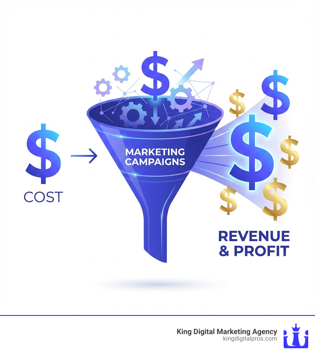 infographic showing the advertising ROI concept: a dollar sign going into a funnel labeled marketing campaigns with multiple dollar signs coming out the other end, illustrating the input of advertising costs and the output of greater returns through revenue and profit - advertising roi calculator infographic 