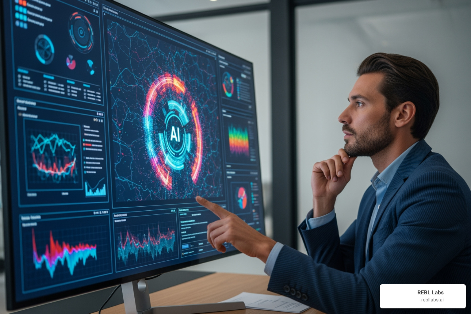 Consultant analyzing a complex data visualization generated by an AI - AI for professional services