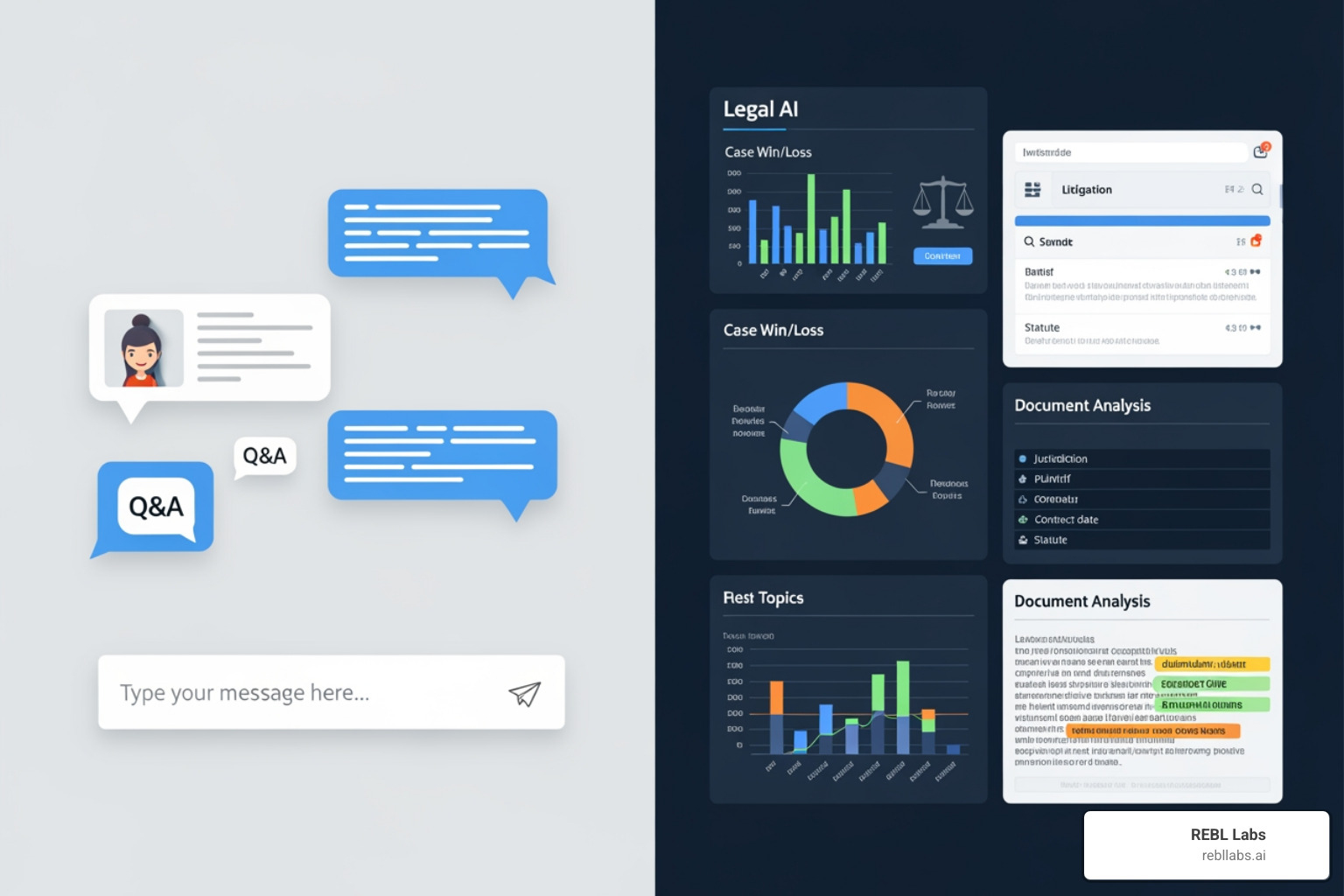 Split-screen showing a generic chatbot interface versus a specialized legal AI dashboard - AI for professional services