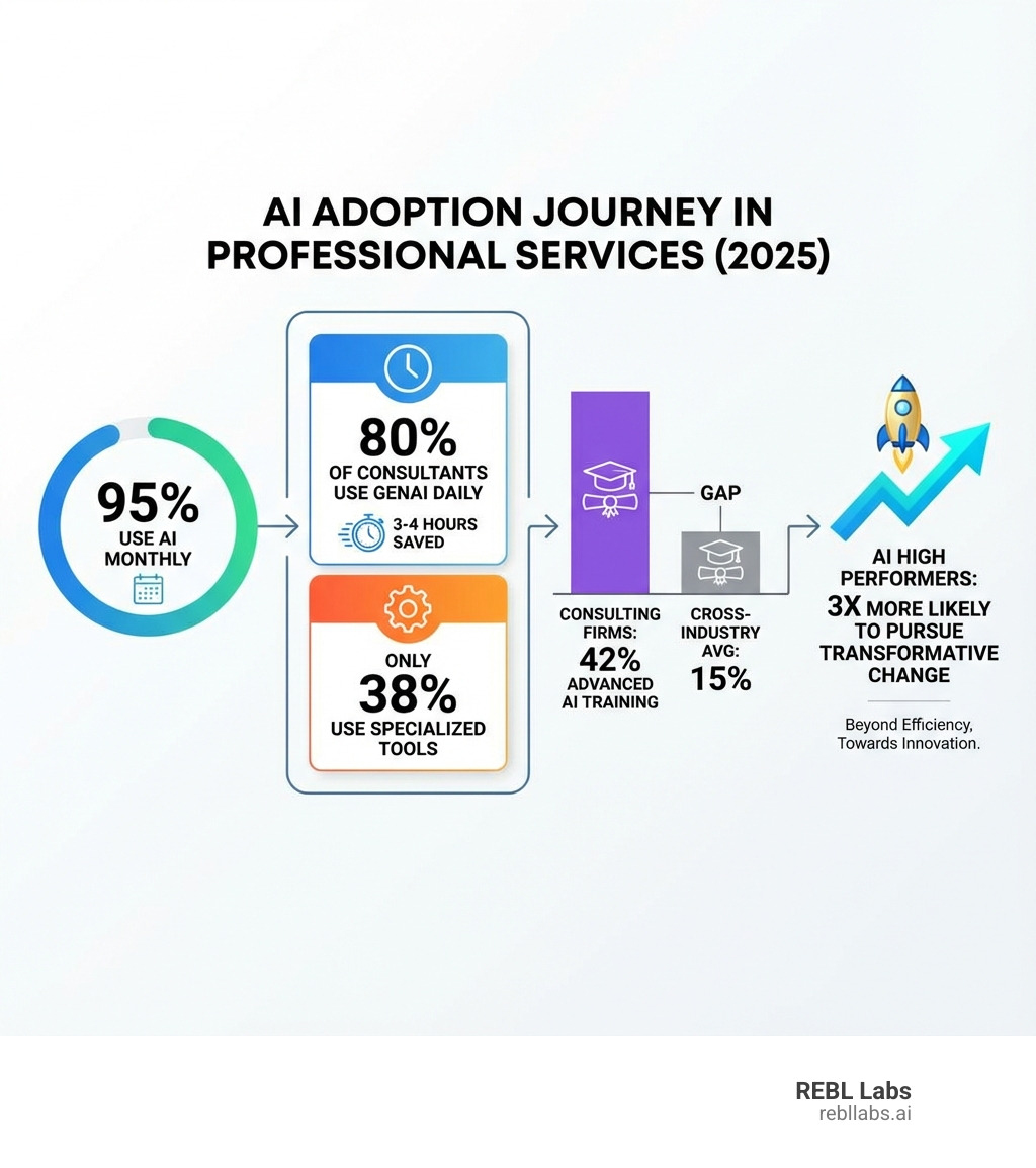 Infographic showing AI adoption journey in professional services: 95% use AI monthly, 80% of consultants use GenAI daily saving 3-4 hours, only 38% use specialized tools, 42% of consulting firms have advanced AI training vs 15% cross-industry average, AI high performers 3x more likely to pursue transformative change - AI for professional services infographic 