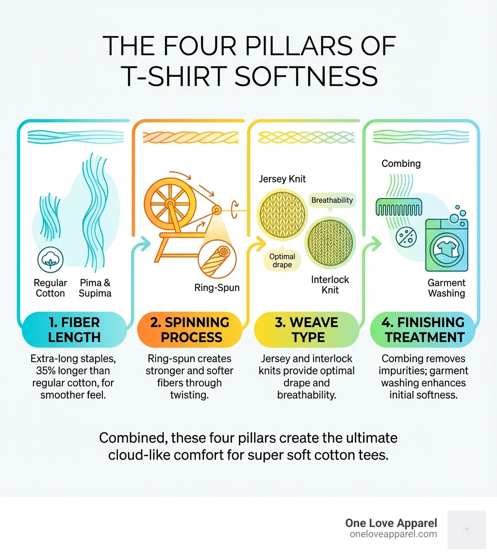 Infographic showing the four pillars of t-shirt softness: Fiber Length (Pima and Supima cotton have extra-long staples 35% longer than regular cotton), Spinning Process (ring-spun creates stronger and softer fibers through twisting), Weave Type (jersey and interlock knits provide optimal drape and breathability), and Finishing Treatment (combing removes impurities and garment washing enhances initial softness) - super soft cotton tees infographic Infographic showing the four pillars of t-shirt softness: Fiber Length (Pima and Supima cotton have extra-long staples 35% longer than regular cotton), Spinning Process (ring-spun creates stronger and softer fibers through twisting), Weave Type (jersey and interlock knits provide optimal drape and breathability), and Finishing Treatment (combing removes impurities and garment washing enhances initial softness) - super soft cotton tees infographic
