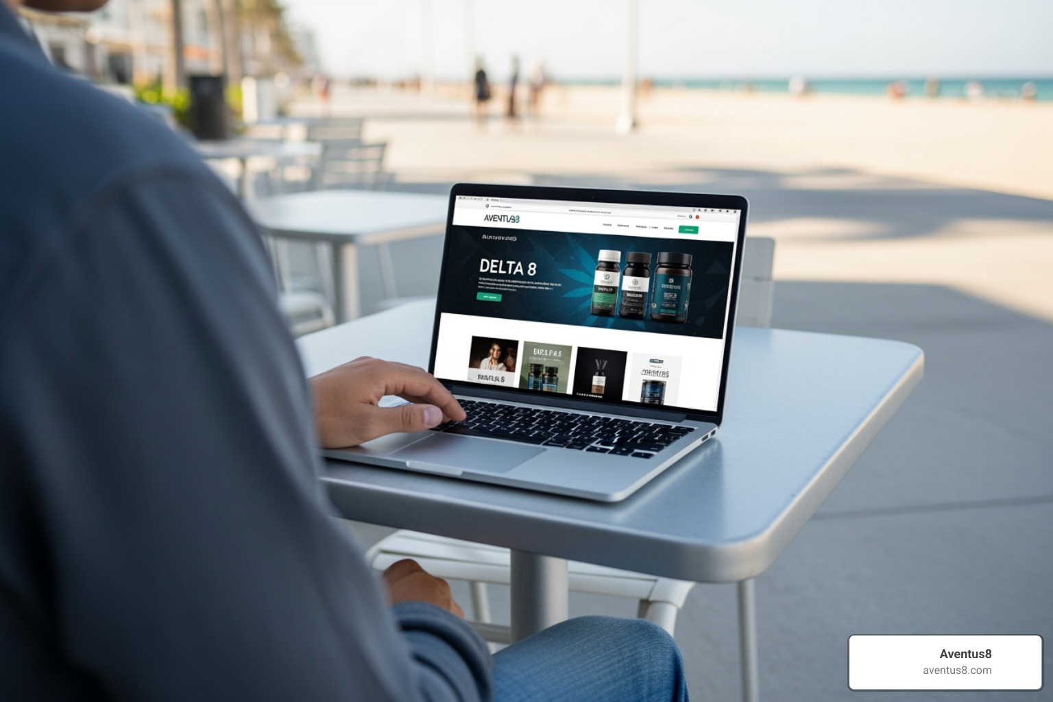 Person browsing Aventus8 Delta 8 products on a laptop at a cafe on the Hollywood Beach Broadwalk - Delta 8 mail order Person browsing Aventus8 Delta 8 products on a laptop at a cafe on the Hollywood Beach Broadwalk - Delta 8 mail order