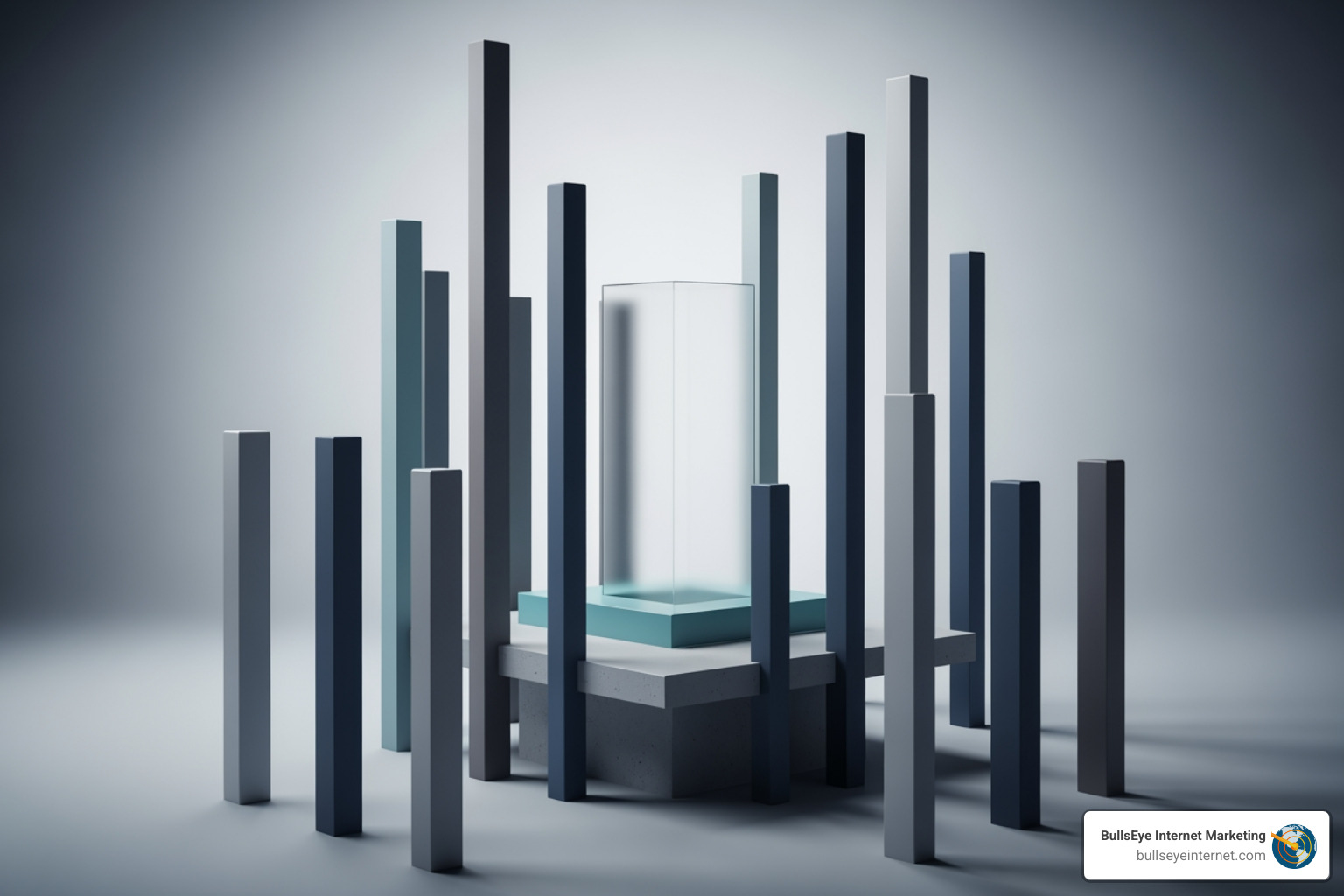 Pillars of SEO diagram - seo services florida Abstract geometric structure with vertical bars and a central glass element, representing digital marketing and SEO services by BullsEye Internet Marketing.