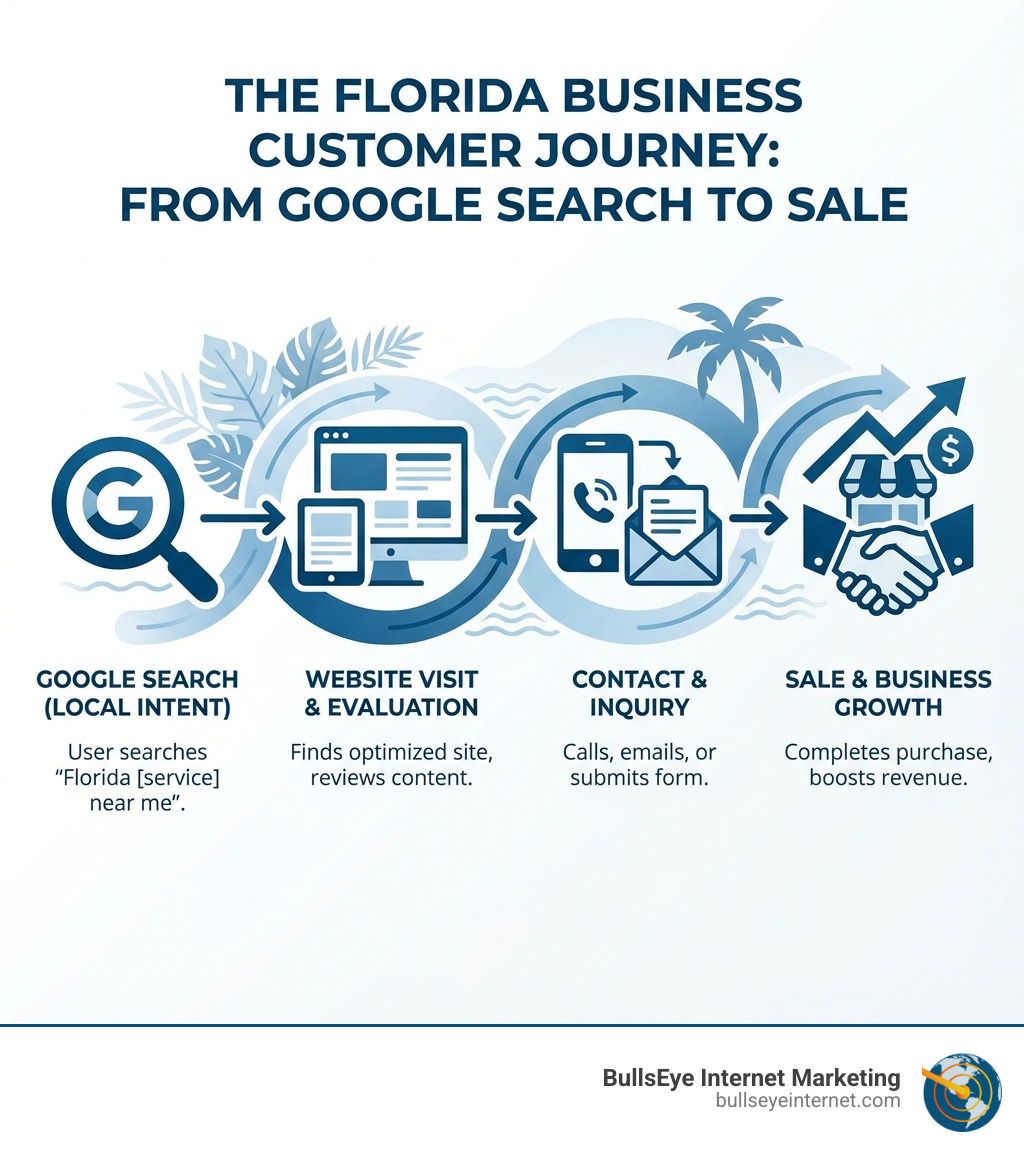 Infographic showing the customer journey from Google search to sale for Florida businesses - seo services florida infographic Infographic illustrating the Florida business customer journey from Google search to sale, featuring steps: Google search, website visit and evaluation, contact and inquiry, and sale and business growth, with BullsEye Internet Marketing branding and visual elements representing local SEO and customer engagement.