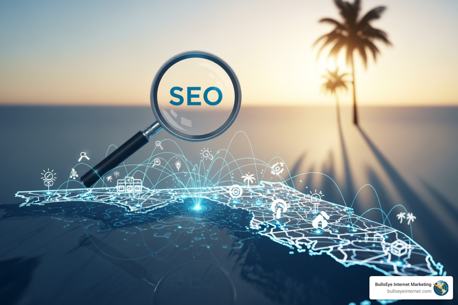 Checklist for vetting an SEO agency - seo services florida Magnifying glass focusing on "SEO" text over a digital map of Florida, with icons representing online presence and connectivity, symbolizing BullsEye Internet Marketing's SEO services for local businesses.