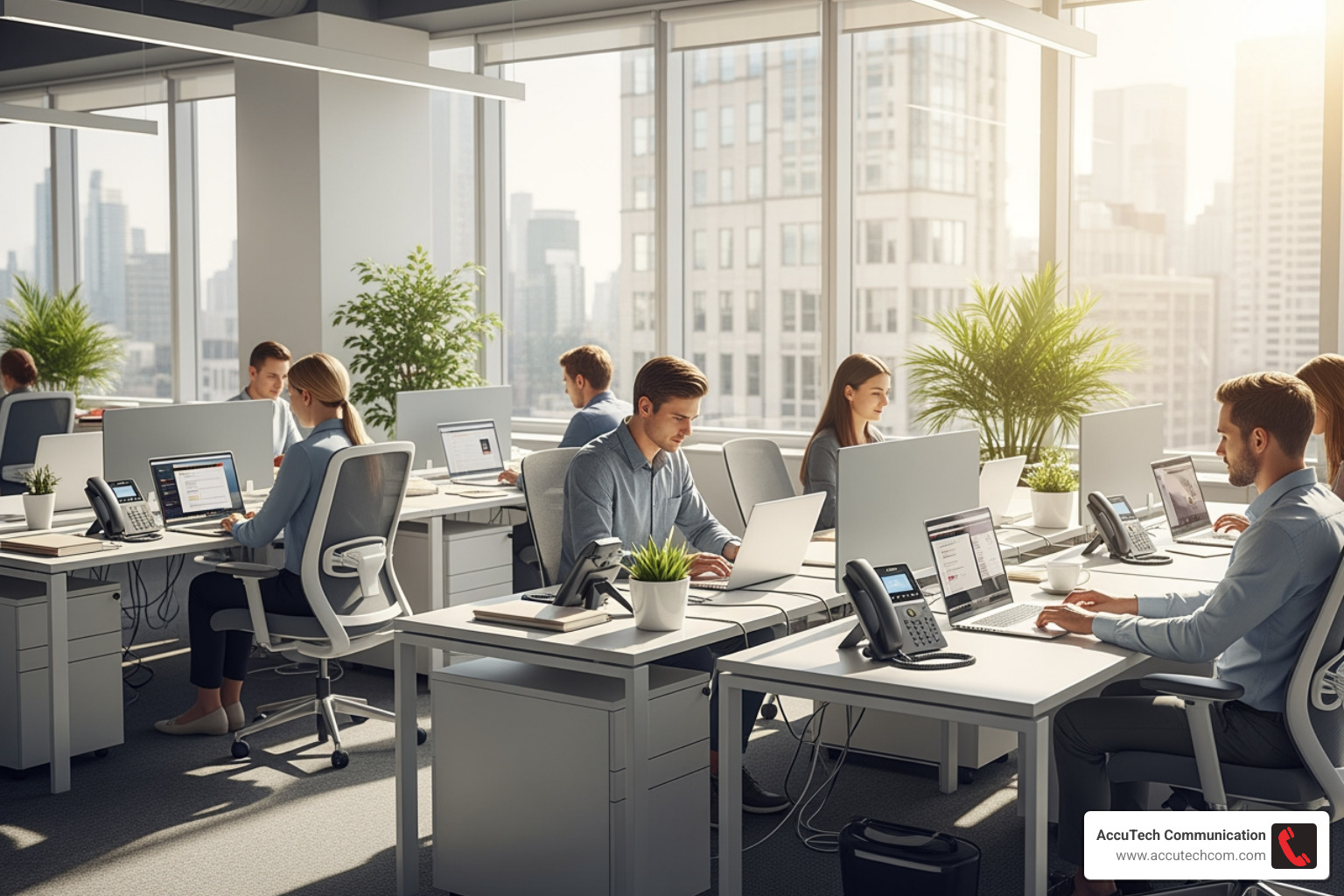 Modern office with VoIP phones and laptops connected to Wi-Fi - Boston data cabling