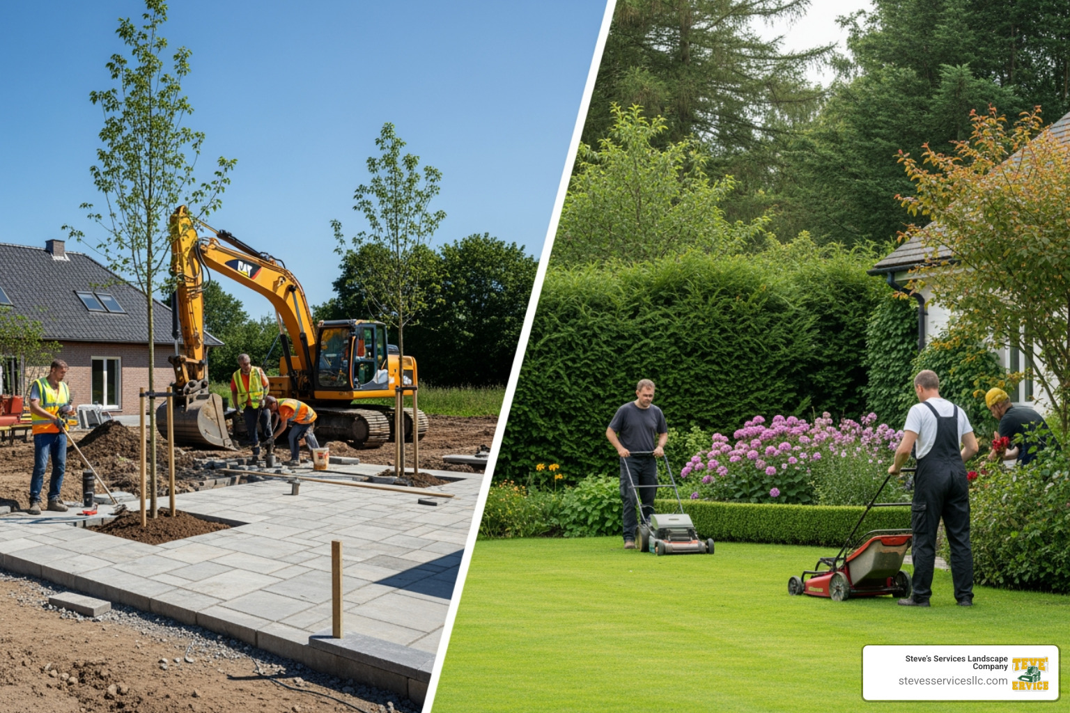 infographic showing the key differences between landscape construction and landscape maintenance, with two columns comparing activities like building vs maintaining, installation vs upkeep, excavation vs mowing, hardscape construction vs seasonal cleanup, and system installation vs routine care - Landscape Construction infographic showing the key differences between landscape construction and landscape maintenance, with two columns comparing activities like building vs maintaining, installation vs upkeep, excavation vs mowing, hardscape construction vs seasonal cleanup, and system installation vs routine care - Landscape Construction