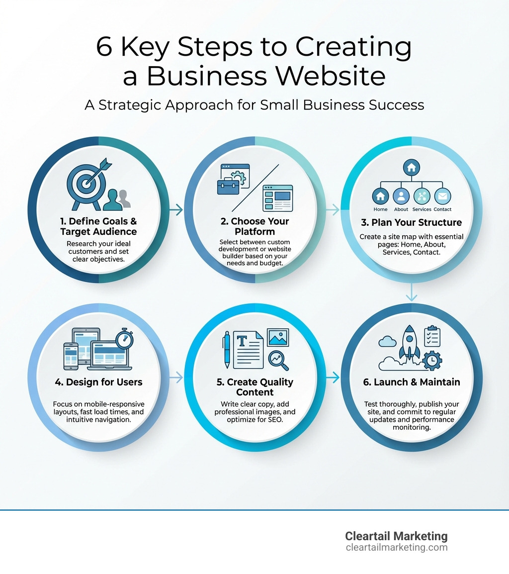 INFOGRAPHIC SHOWING THE 6 KEY STEPS TO CREATING A BUSINESS WEBSITE: 1. DEFINE GOALS & TARGET AUDIENCE - RESEARCH YOUR IDEAL CUSTOMERS AND SET CLEAR OBJECTIVES. 2. CHOOSE YOUR PLATFORM - SELECT BETWEEN CUSTOM DEVELOPMENT OR WEBSITE BUILDER BASED ON YOUR NEEDS AND BUDGET. 3. PLAN YOUR STRUCTURE - CREATE A SITE MAP WITH ESSENTIAL PAGES: HOME, ABOUT, SERVICES, CONTACT. 4. DESIGN FOR USERS - FOCUS ON MOBILE-RESPONSIVE LAYOUTS, FAST LOAD TIMES, AND INTUITIVE NAVIGATION. 5. CREATE QUALITY CONTENT - WRITE CLEAR COPY, ADD PROFESSIONAL IMAGES, AND OPTIMIZE FOR SEO. 6. LAUNCH & MAINTAIN - TEST THOROUGHLY, PUBLISH YOUR SITE, AND COMMIT TO REGULAR UPDATES AND PERFORMANCE MONITORING. - WEBSITE DESIGN FOR SMALL BUSINESS INFOGRAPHIC 