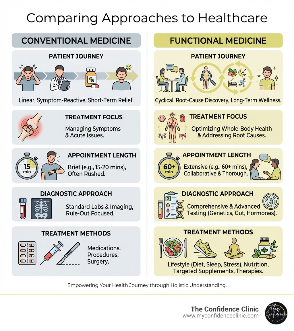 infographic comparing conventional medicine vs functional medicine showing patient journey, treatment focus, appointment length, diagnostic approach, and treatment methods side by side - functional medicine clearwater fl infographic infographic comparing conventional medicine vs functional medicine showing patient journey, treatment focus, appointment length, diagnostic approach, and treatment methods side by side - functional medicine clearwater fl infographic