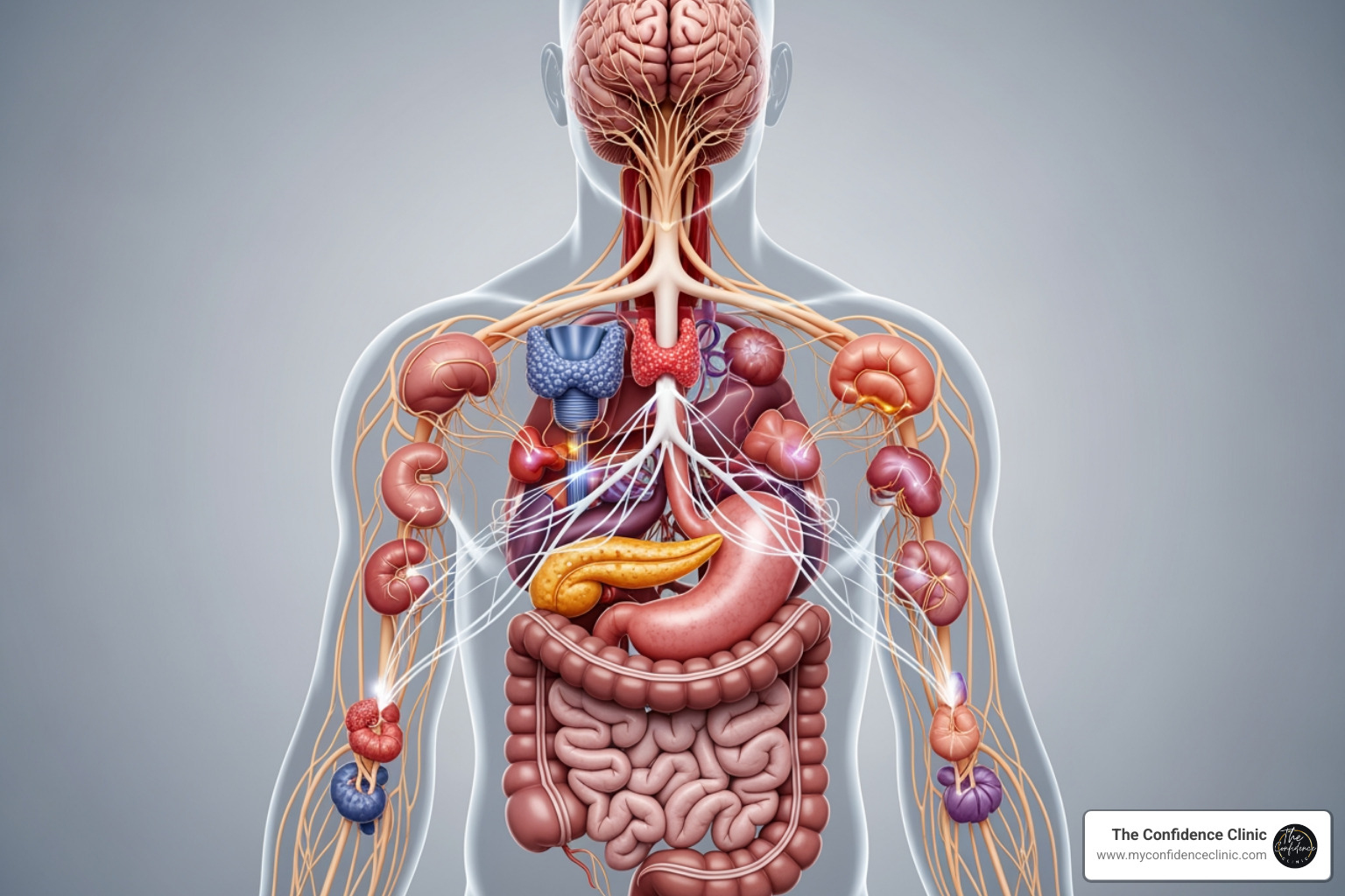 Image illustrating interconnected body systems like gut, brain, and hormones - root cause medicine Image illustrating interconnected body systems like gut, brain, and hormones - root cause medicine