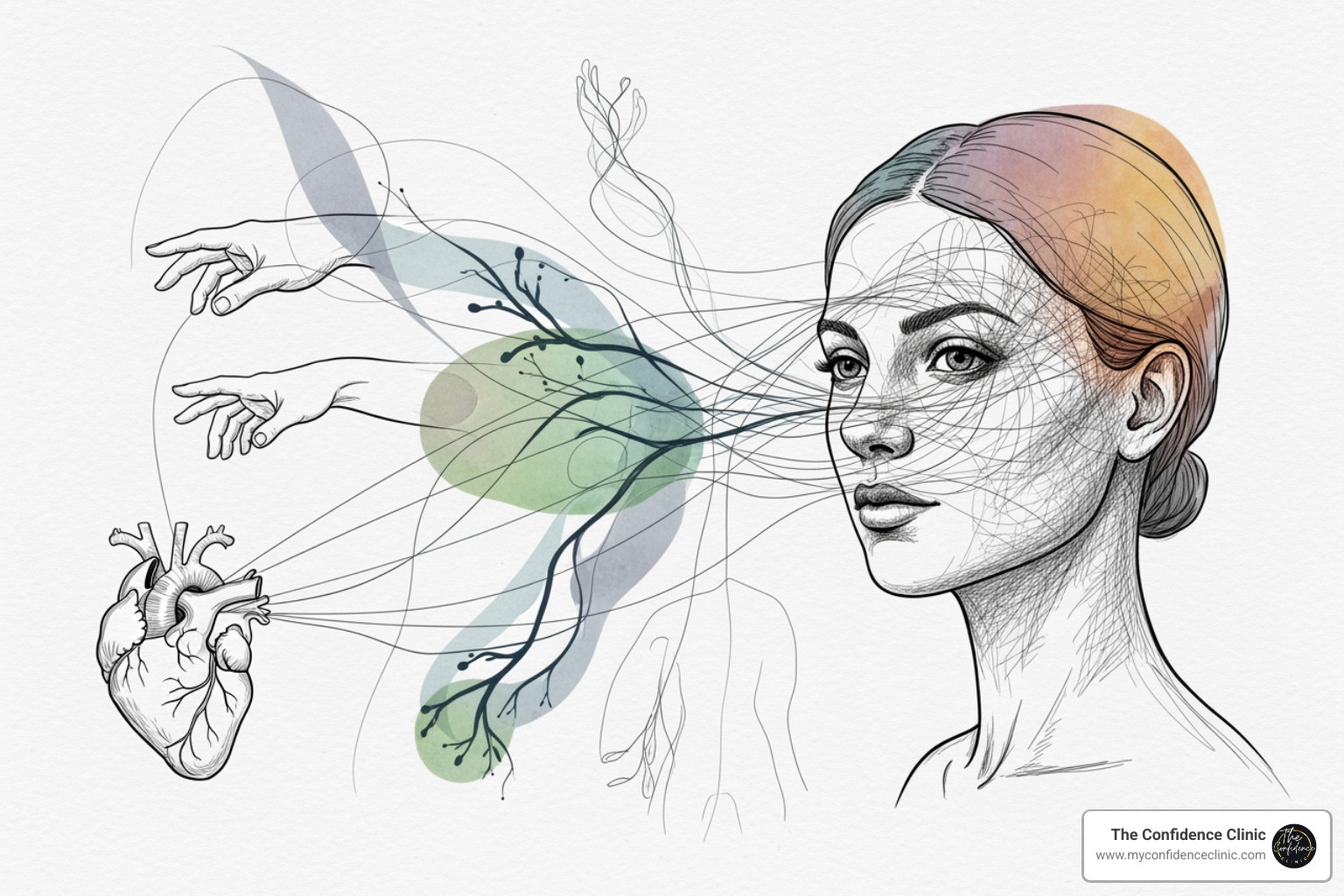 illustration showing a woman's head connected by lines to her heart and various body parts, symbolizing the interconnectedness of mind, body, and relationship in sexual health - Female low libido illustration showing a woman's head connected by lines to her heart and various body parts, symbolizing the interconnectedness of mind, body, and relationship in sexual health - Female low libido