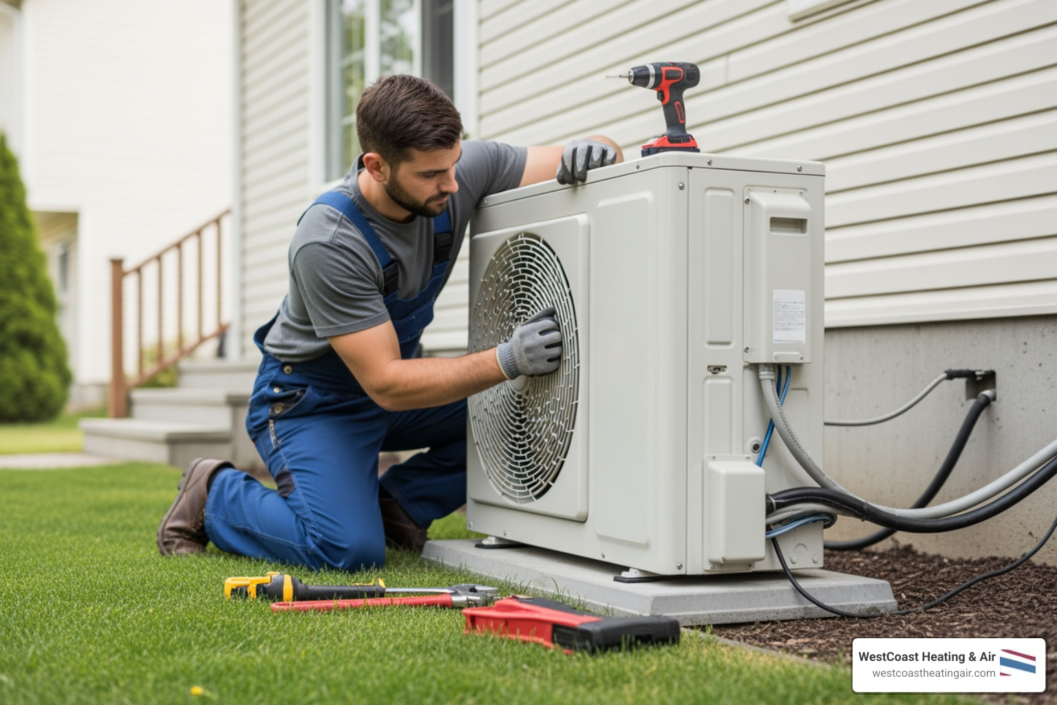 Infographic showing emergency heat pump installation timeline: Hour 1 - Emergency call and technician dispatch, Hour 2 - On-site assessment and system evaluation, Hours 3-6 - Old unit removal and new heat pump installation, Hour 7 - System testing and calibration, Hour 8 - Final walkthrough and operation training - 24 hour heat pump installation in spanaway, wa