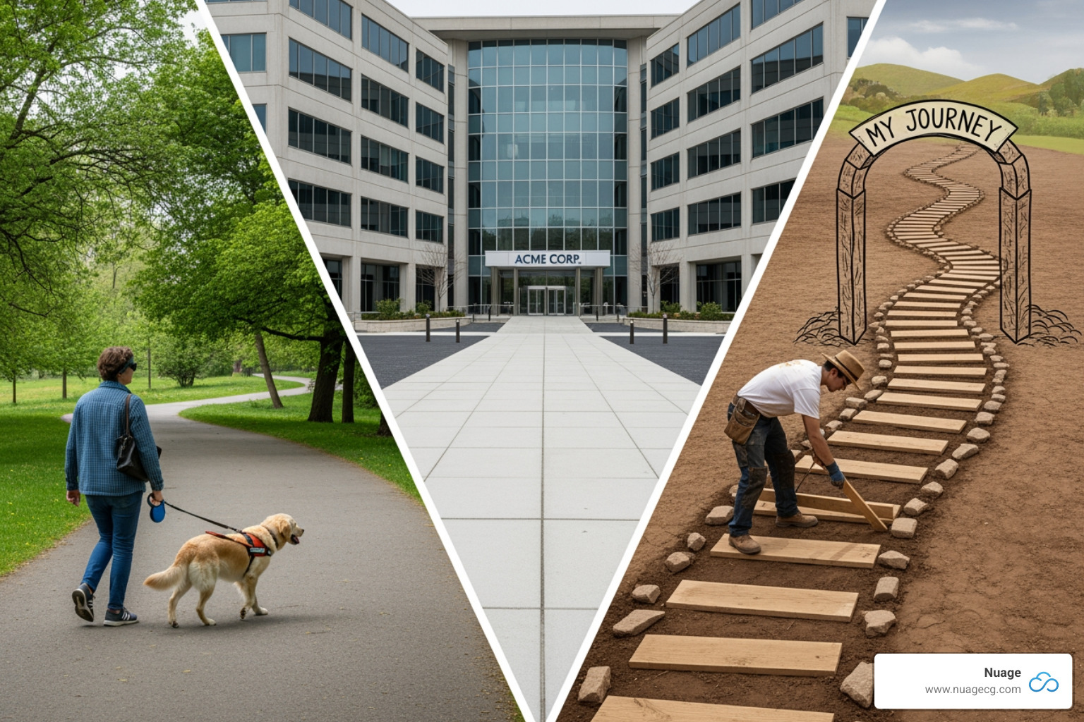 Three distinct paths: one with a guide (partner), one with a corporate building (direct), and one with a person building their own path (in-house). - NetSuite strategic guidance Three distinct paths: one with a guide (partner), one with a corporate building (direct), and one with a person building their own path (in-house). - NetSuite strategic guidance