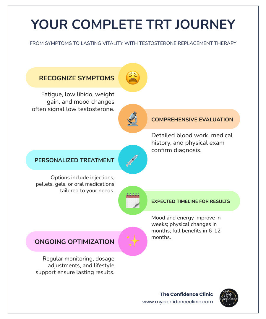 Infographic showing the complete TRT journey: Initial symptoms (fatigue, low libido, weight gain, mood changes) → Comprehensive evaluation (blood tests, medical history, physical exam) → Treatment options (injections, pellets, gels, oral medications) → Expected timeline (mood improvements 3-4 weeks, physical changes 3-6 months, full benefits 6-12 months) → Ongoing optimization (regular monitoring, dosage adjustments, lifestyle support) - testosterone replacement therapy clearwater infographic infographic-line-5-steps-colors Infographic showing the complete TRT journey: Initial symptoms (fatigue, low libido, weight gain, mood changes) → Comprehensive evaluation (blood tests, medical history, physical exam) → Treatment options (injections, pellets, gels, oral medications) → Expected timeline (mood improvements 3-4 weeks, physical changes 3-6 months, full benefits 6-12 months) → Ongoing optimization (regular monitoring, dosage adjustments, lifestyle support) - testosterone replacement therapy clearwater infographic infographic-line-5-steps-colors