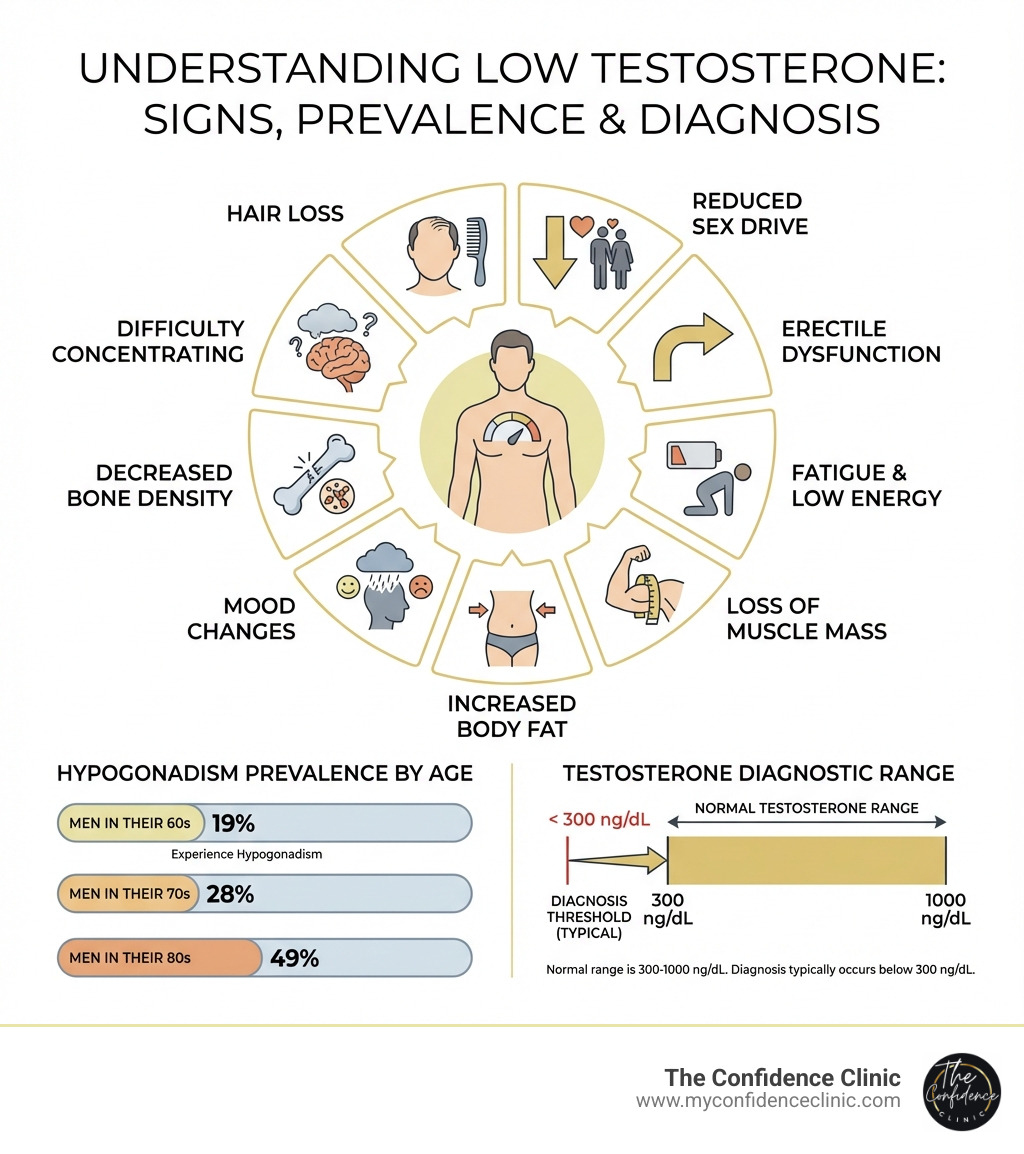 Infographic showing key signs of low testosterone including reduced sex drive, erectile dysfunction, fatigue and low energy, loss of muscle mass, increased body fat, mood changes, decreased bone density, difficulty concentrating, and hair loss. Statistics shown: 19% of men in their 60s, 28% in their 70s, and 49% in their 80s experience hypogonadism. Normal testosterone range is 300-1000 ng/dL, with diagnosis typically occurring below 300 ng/dL. - testosterone replacement therapy for men infographic Infographic showing key signs of low testosterone including reduced sex drive, erectile dysfunction, fatigue and low energy, loss of muscle mass, increased body fat, mood changes, decreased bone density, difficulty concentrating, and hair loss. Statistics shown: 19% of men in their 60s, 28% in their 70s, and 49% in their 80s experience hypogonadism. Normal testosterone range is 300-1000 ng/dL, with diagnosis typically occurring below 300 ng/dL. - testosterone replacement therapy for men infographic