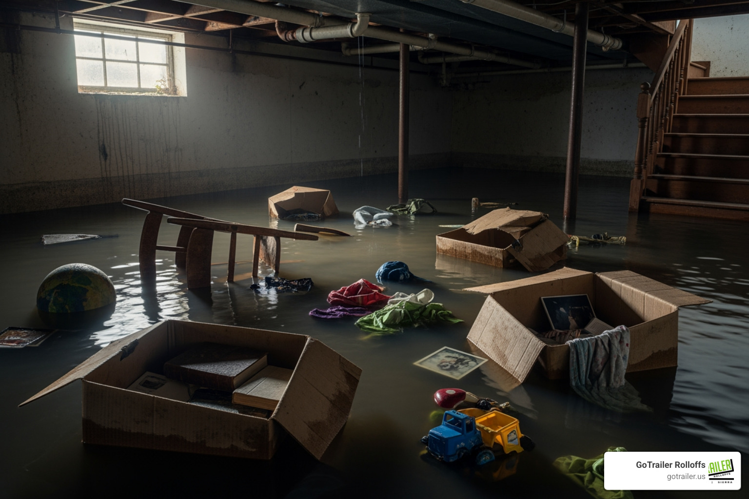 Flooded basement with debris piled up - Emergency dumpster rental Flooded basement with debris piled up - Emergency dumpster rental