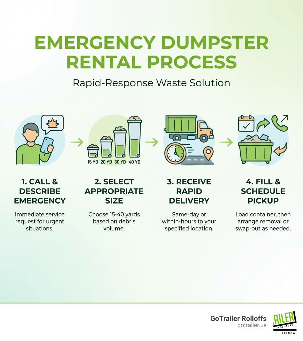 Infographic showing the 4-step emergency dumpster rental process: 1) Call for immediate service and describe your emergency situation, 2) Select the appropriate dumpster size (15-40 yards) based on debris volume, 3) Receive same-day or within-hours delivery to your specified location, 4) Fill the container and schedule pickup or swap-out as needed - Emergency dumpster rental infographic Infographic showing the 4-step emergency dumpster rental process: 1) Call for immediate service and describe your emergency situation, 2) Select the appropriate dumpster size (15-40 yards) based on debris volume, 3) Receive same-day or within-hours delivery to your specified location, 4) Fill the container and schedule pickup or swap-out as needed - Emergency dumpster rental infographic