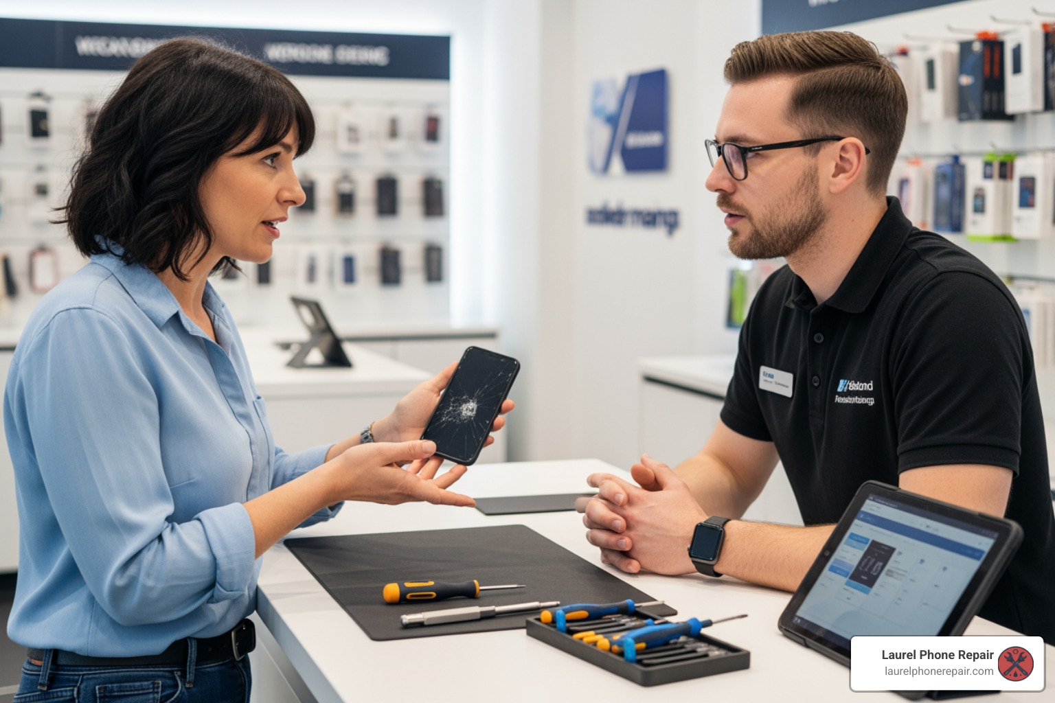 customer talking to a repair technician at a counter - Phone repair estimates