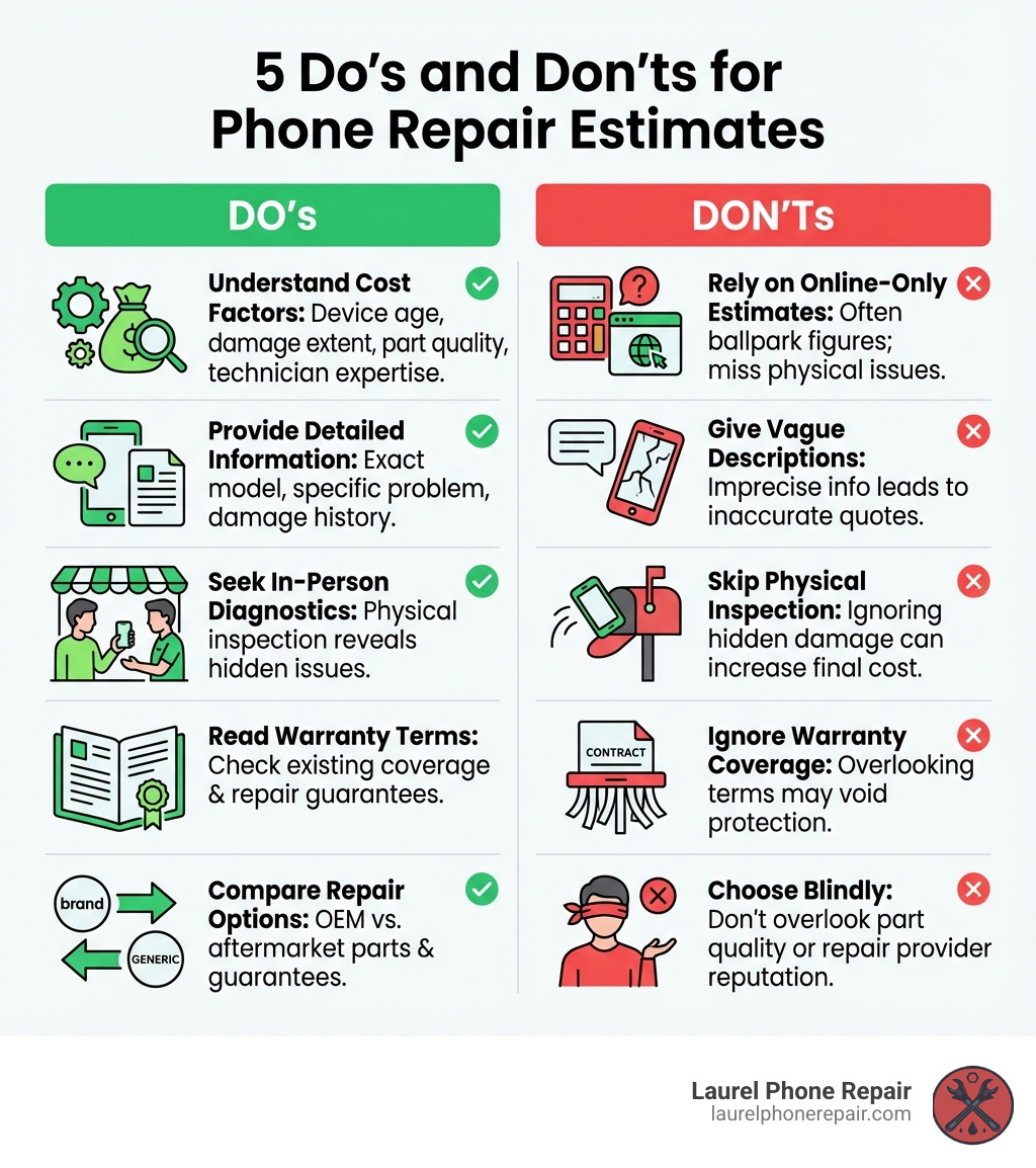 infographic showing 5 Do's and Don'ts for phone repair estimates including understanding cost factors, avoiding online-only estimates, providing detailed information, reading warranty terms, and comparing repair options - Phone repair estimates infographic