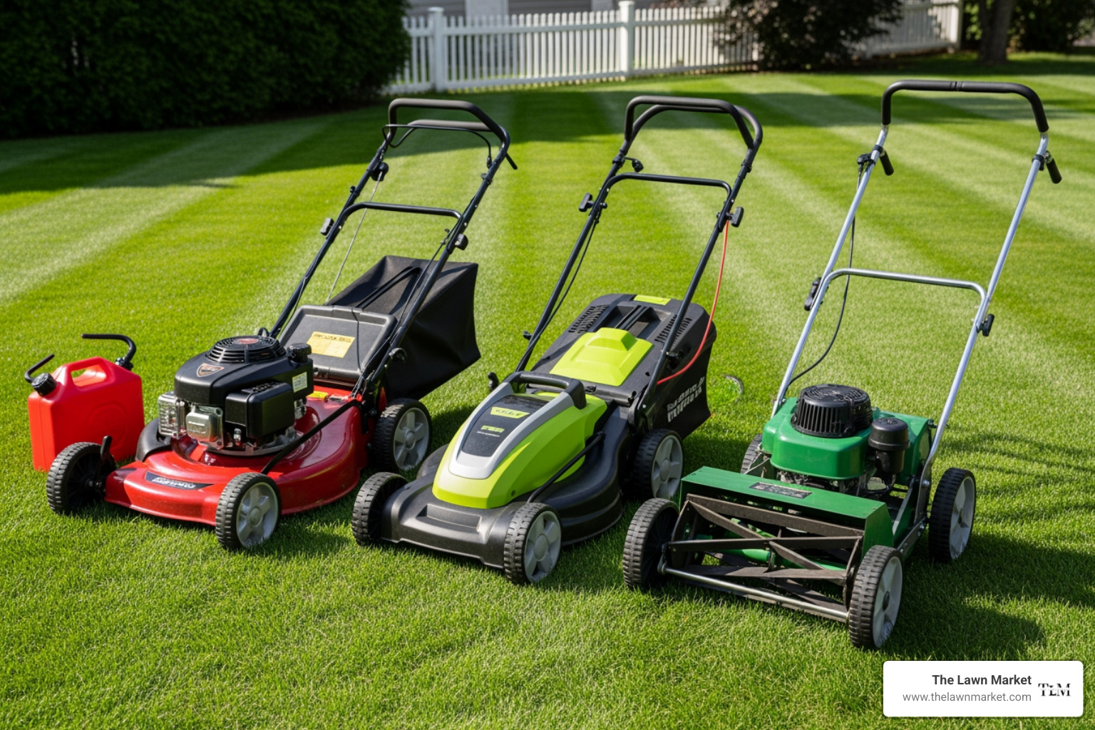 three different types of budget mowers (gas, electric, reel) side-by-side on a lawn - best cheap lawn mower