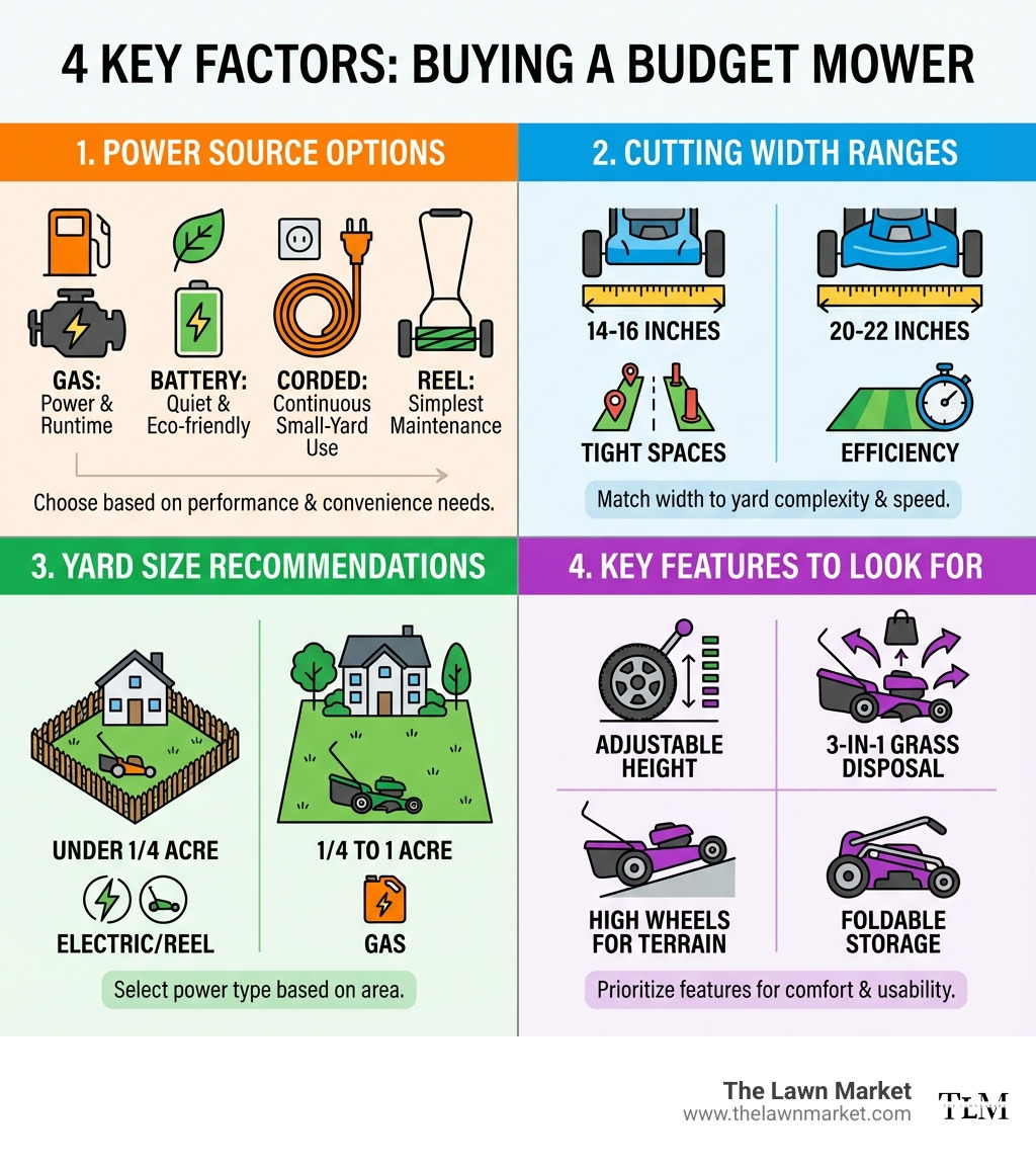 infographic showing four key factors when buying a budget mower: Power Source options (Gas for power and runtime, Battery for quiet eco-friendly operation, Corded for continuous small-yard use, Reel for simplest maintenance), Cutting Width ranges (14-16 inches for tight spaces, 20-22 inches for efficiency), Yard Size recommendations (under 1/4 acre for electric/reel, 1/4 to 1 acre for gas), and Key Features to look for (adjustable height, 3-in-1 grass disposal, high wheels for terrain, foldable storage) - best cheap lawn mower infographic