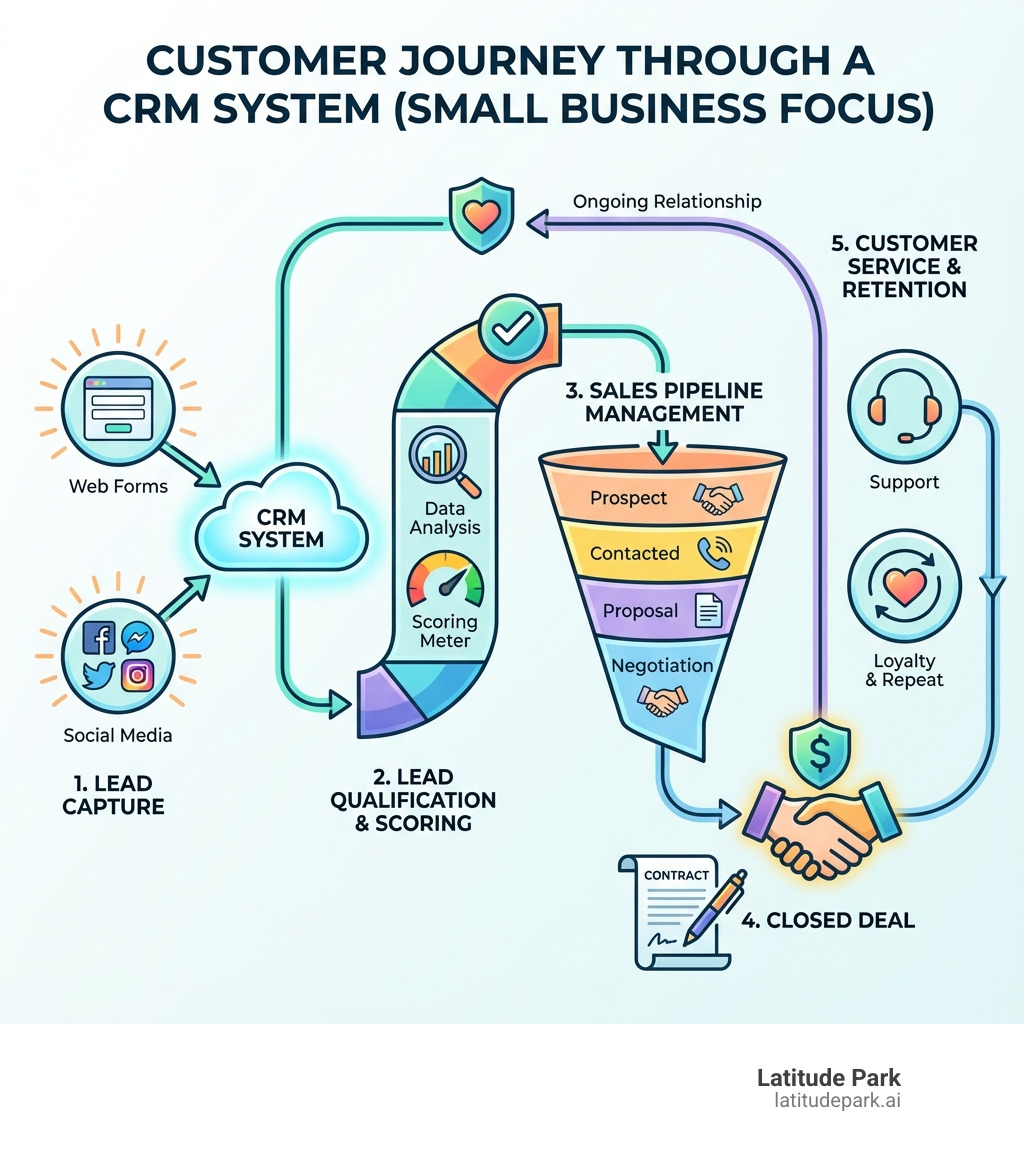infographic showing the customer journey through a crm system from lead capture through web forms and social media, to lead qualification and scoring, to sales pipeline management, to closed deal, and finally to customer service and retention - crm software for small businesses infographic 