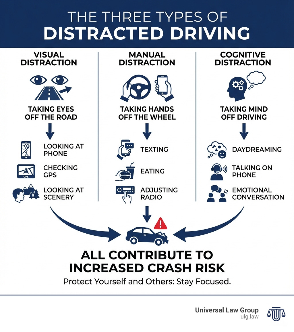 Infographic showing the three types of distracted driving: Visual distraction (taking eyes off the road, examples: looking at phone, checking GPS, looking at scenery), Manual distraction (taking hands off the wheel, examples: texting, eating, adjusting radio), and Cognitive distraction (taking mind off driving, examples: daydreaming, talking on phone, emotional conversation). Each type shown in a separate column with icons and examples, all contributing to increased crash risk. Background color #13244E with white text. - distracted driving death statistics infographic Infographic showing the three types of distracted driving: Visual distraction (taking eyes off the road, examples: looking at phone, checking GPS, looking at scenery), Manual distraction (taking hands off the wheel, examples: texting, eating, adjusting radio), and Cognitive distraction (taking mind off driving, examples: daydreaming, talking on phone, emotional conversation). Each type shown in a separate column with icons and examples, all contributing to increased crash risk. Background color #13244E with white text. - distracted driving death statistics infographic