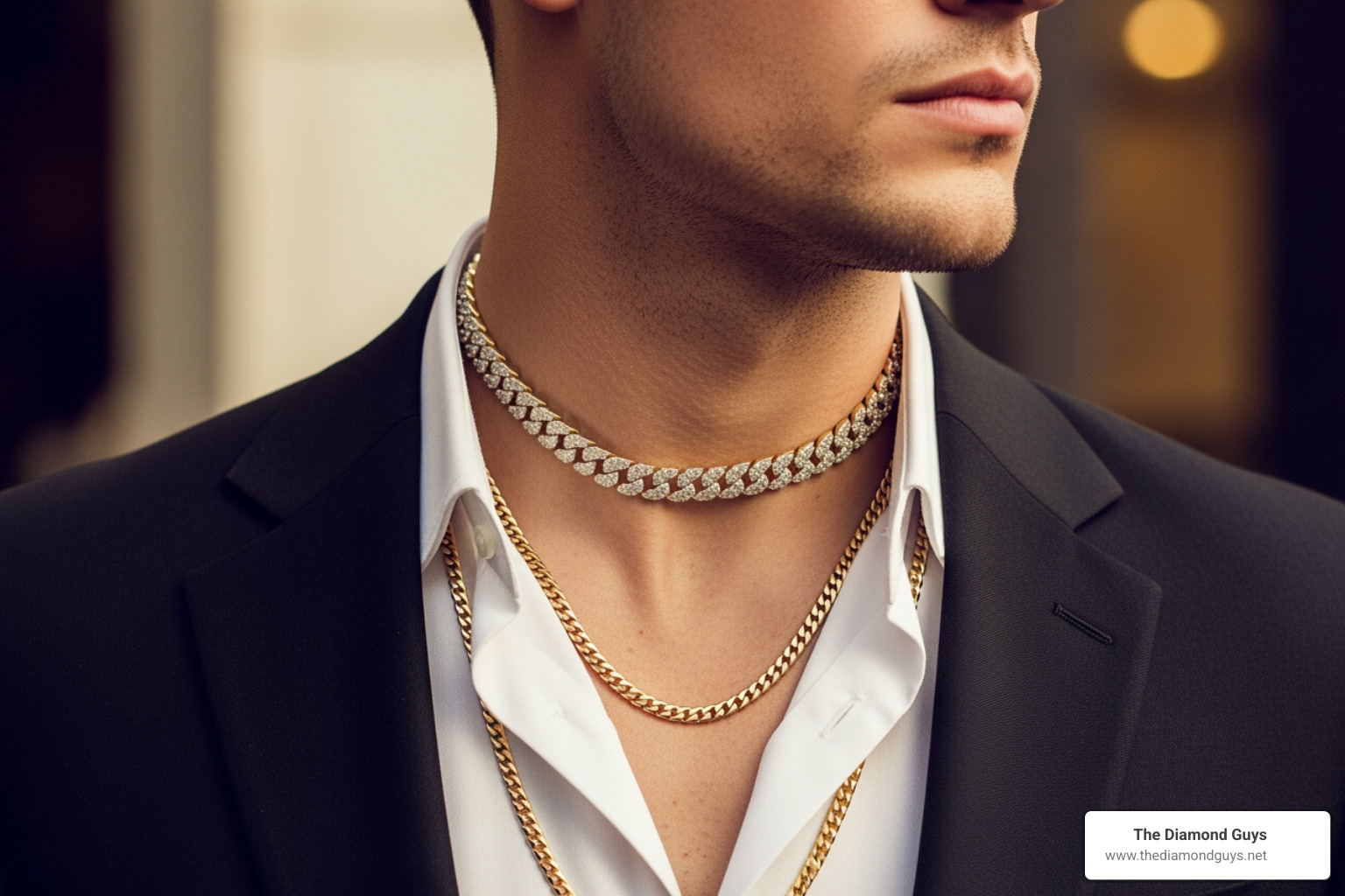man layering a diamond Cuban choker with a longer, plain gold chain - mens diamond cuban link choker