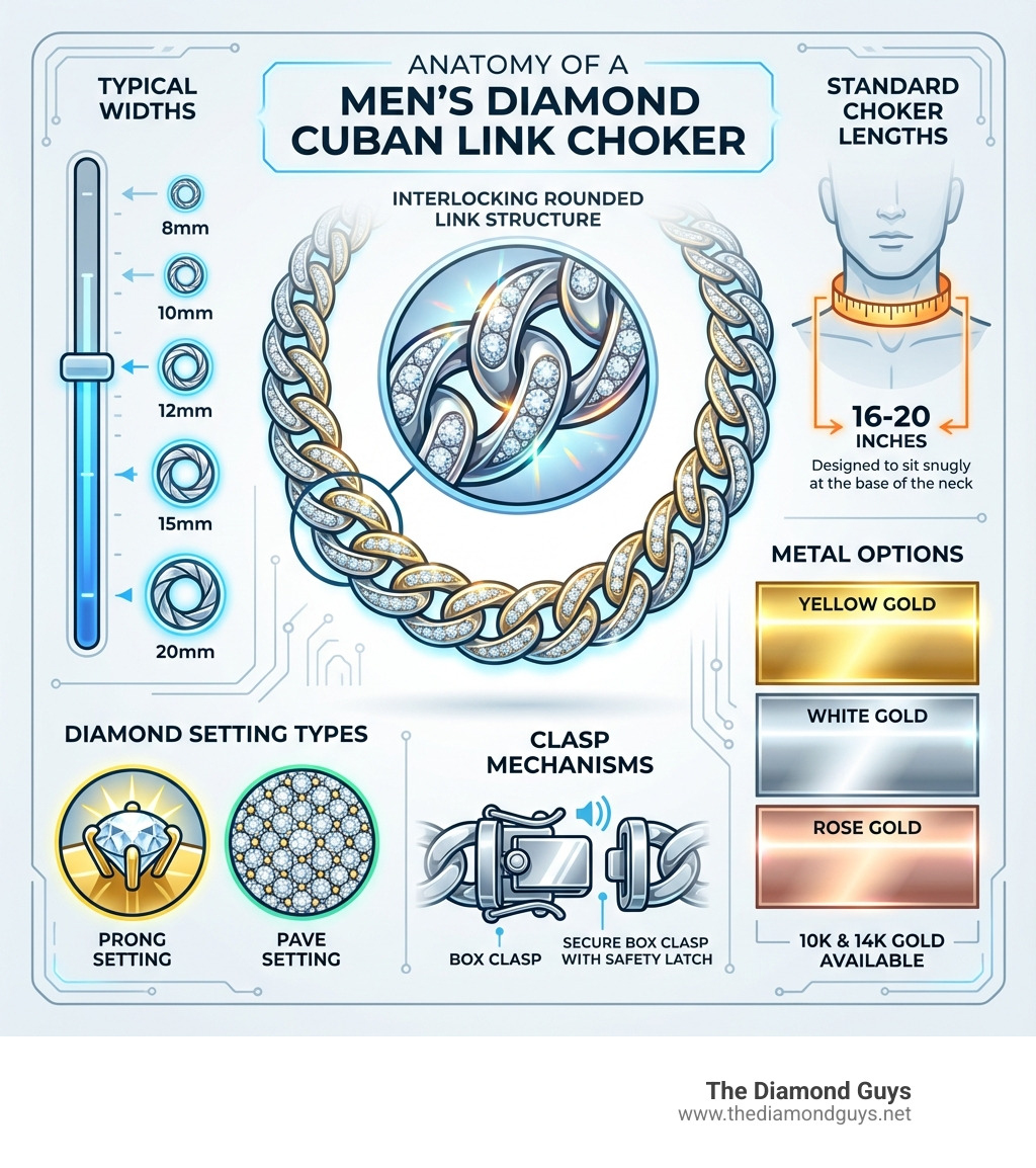 Infographic showing the anatomy of a mens diamond cuban link choker including the interlocking rounded link structure, typical widths from 8mm to 20mm, diamond setting types like prong and pave, standard choker lengths of 16-20 inches, metal options of 10K and 14K gold in yellow white and rose colors, and clasp mechanisms like box clasps - mens diamond cuban link choker infographic 