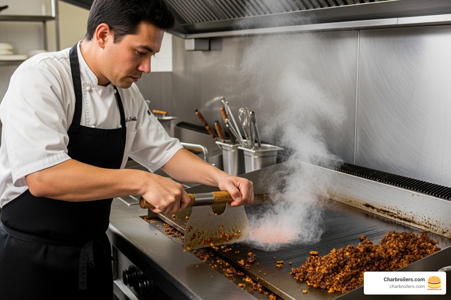 chef scraping a griddle surface with a scraper - how often should you clean a commercial griddle