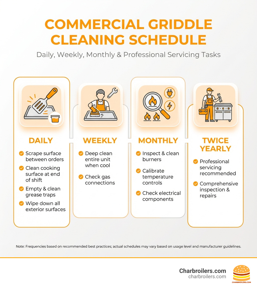 Infographic showing commercial griddle cleaning schedule: Daily tasks include scraping surface between orders, cleaning cooking surface and grease traps at end of shift, and wiping down all exterior surfaces. Weekly tasks include deep cleaning entire unit when cool and checking gas connections. Monthly tasks include inspecting and cleaning burners, calibrating temperature controls, and checking electrical components. Professional servicing recommended twice yearly for comprehensive inspection and repairs. - how often should you clean a commercial griddle infographic 