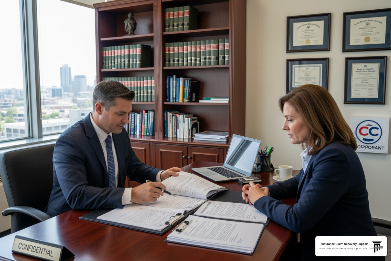 Business professionals discussing insurance claims at a desk, reviewing documents related to business interruption insurance, with a laptop and bookshelves in the background.