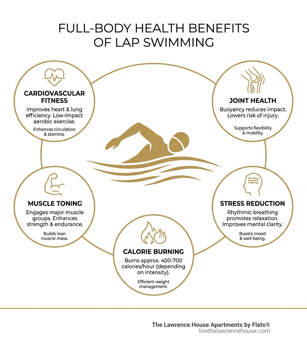 infographic showing the full-body health benefits of lap swimming including cardiovascular fitness, muscle toning, joint health, stress reduction, and calorie burning, with icons representing each benefit and statistics from health research - lap pools chicago infographic 