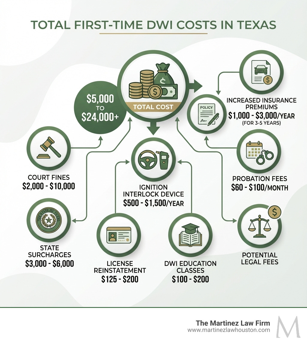 Infographic showing the breakdown of total DWI costs in Texas: court fines ($2,000-$10,000), state surcharges ($3,000-$6,000), ignition interlock device ($500-$1,500/year), license reinstatement ($125-$200), DWI education classes ($100-$200), increased insurance premiums ($1,000-$3,000/year for 3-5 years), probation fees ($60-$100/month), and potential legal fees, with total first-time DWI costs ranging from $5,000 to $24,000+ - how much is a DWI fine infographic Infographic showing the breakdown of total DWI costs in Texas: court fines ($2,000-$10,000), state surcharges ($3,000-$6,000), ignition interlock device ($500-$1,500/year), license reinstatement ($125-$200), DWI education classes ($100-$200), increased insurance premiums ($1,000-$3,000/year for 3-5 years), probation fees ($60-$100/month), and potential legal fees, with total first-time DWI costs ranging from $5,000 to $24,000+ - how much is a DWI fine infographic