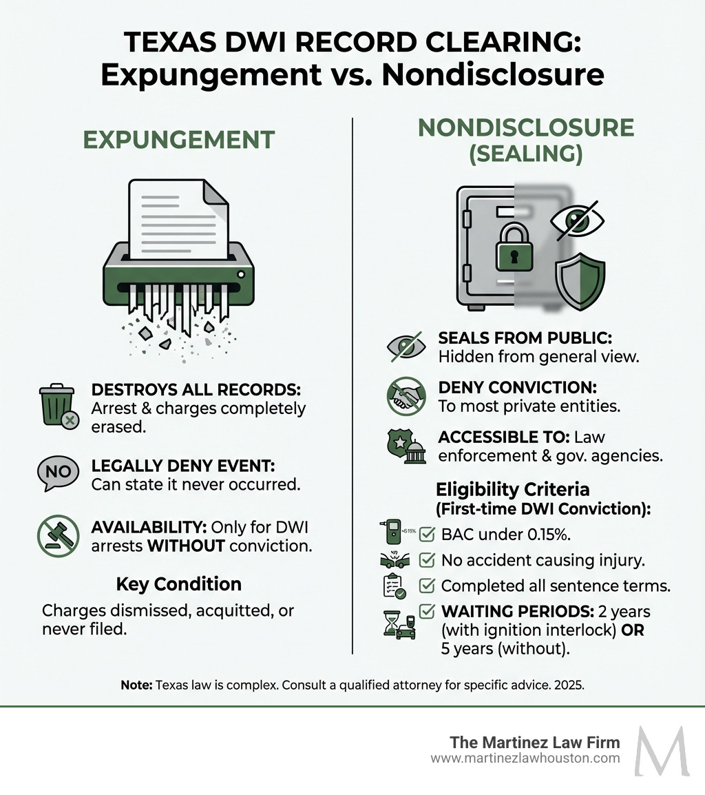 Infographic showing the difference between Expungement and Nondisclosure in Texas: Expungement destroys all records of arrest and charges, allows you to legally deny the event ever occurred, and is only available for DWI arrests without conviction. Nondisclosure seals the record from public view but remains accessible to law enforcement and government agencies, allows you to deny the conviction to most private entities, and is available for first-time DWI convictions meeting specific criteria including BAC under 0.15%, no accident causing injury, completion of all sentence terms, and waiting periods of 2 years with ignition interlock or 5 years without. - can a DWI be expunged infographic Infographic showing the difference between Expungement and Nondisclosure in Texas: Expungement destroys all records of arrest and charges, allows you to legally deny the event ever occurred, and is only available for DWI arrests without conviction. Nondisclosure seals the record from public view but remains accessible to law enforcement and government agencies, allows you to deny the conviction to most private entities, and is available for first-time DWI convictions meeting specific criteria including BAC under 0.15%, no accident causing injury, completion of all sentence terms, and waiting periods of 2 years with ignition interlock or 5 years without. - can a DWI be expunged infographic
