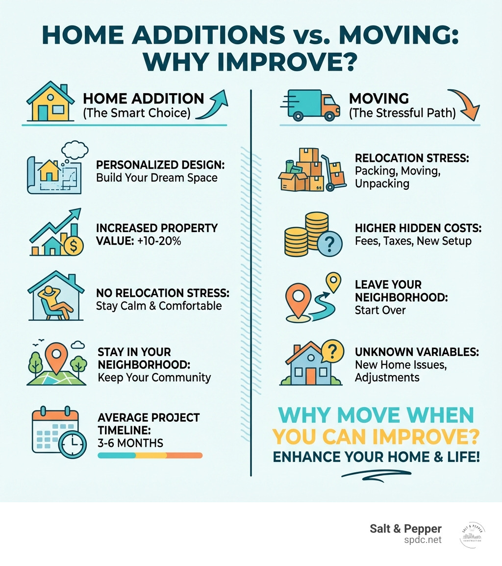 infographic showing the benefits of home additions versus moving, including cost comparison, increased property value of 10-20%, no relocation stress, staying in your neighborhood, personalized design, and average project timeline of 3-6 months - home additions Largo FL infographic 