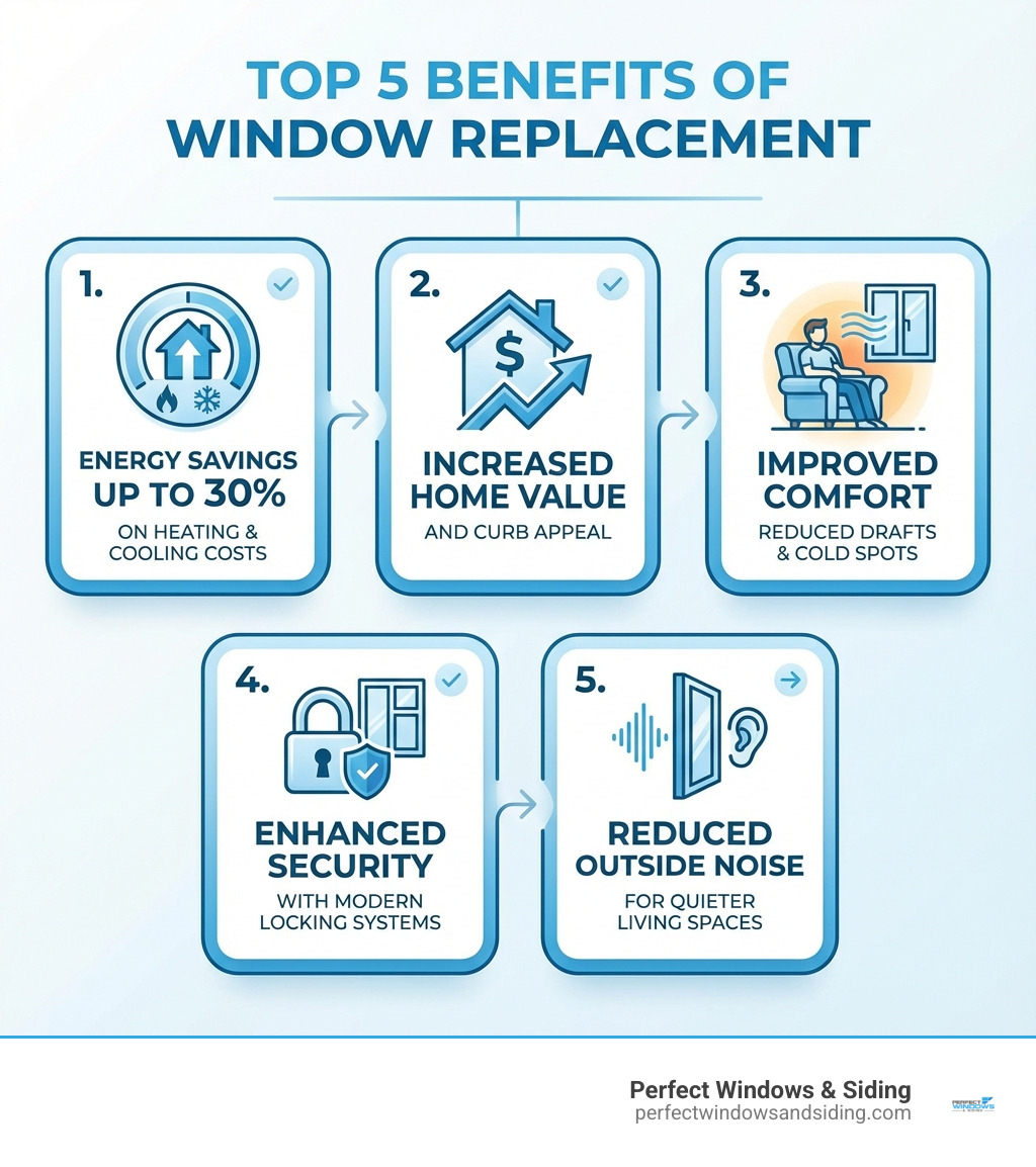 Infographic showing the top 5 benefits of window replacement: 1. Energy savings up to 30% on heating and cooling, 2. Increased home value and curb appeal, 3. Improved comfort with reduced drafts and cold spots, 4. Enhanced security with modern locking systems, 5. Reduced outside noise for quieter living spaces - Barrington window replacement infographic 