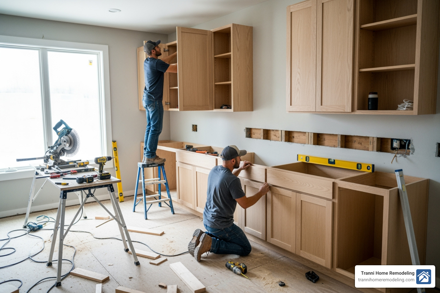 Kitchen during the construction phase showing new cabinets being installed - Kitchen remodeling Billerica MA
