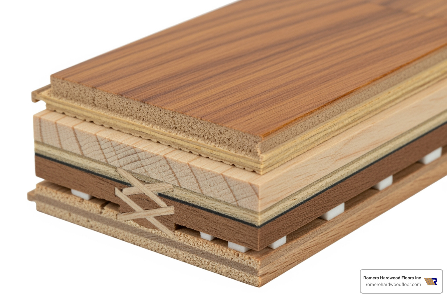 close-up cross-section of an engineered plank, highlighting the wear layer and multi-ply core - best wide plank engineered wood flooring close-up cross-section of an engineered plank, highlighting the wear layer and multi-ply core - best wide plank engineered wood flooring