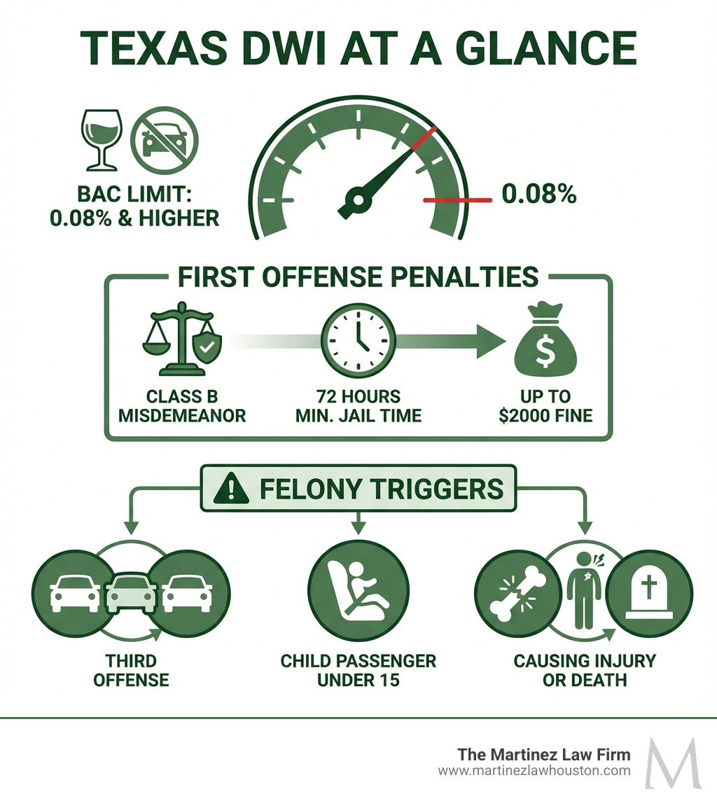 Infographic showing Texas DWI at a glance: 0.08% BAC limit, Class B Misdemeanor for first offense with 72 hours minimum jail time and up to $2000 fine, felony triggers including third offense, child passenger under 15, or causing injury or death - Texas penal code driving while intoxicated infographic Infographic showing Texas DWI at a glance: 0.08% BAC limit, Class B Misdemeanor for first offense with 72 hours minimum jail time and up to $2000 fine, felony triggers including third offense, child passenger under 15, or causing injury or death - Texas penal code driving while intoxicated infographic